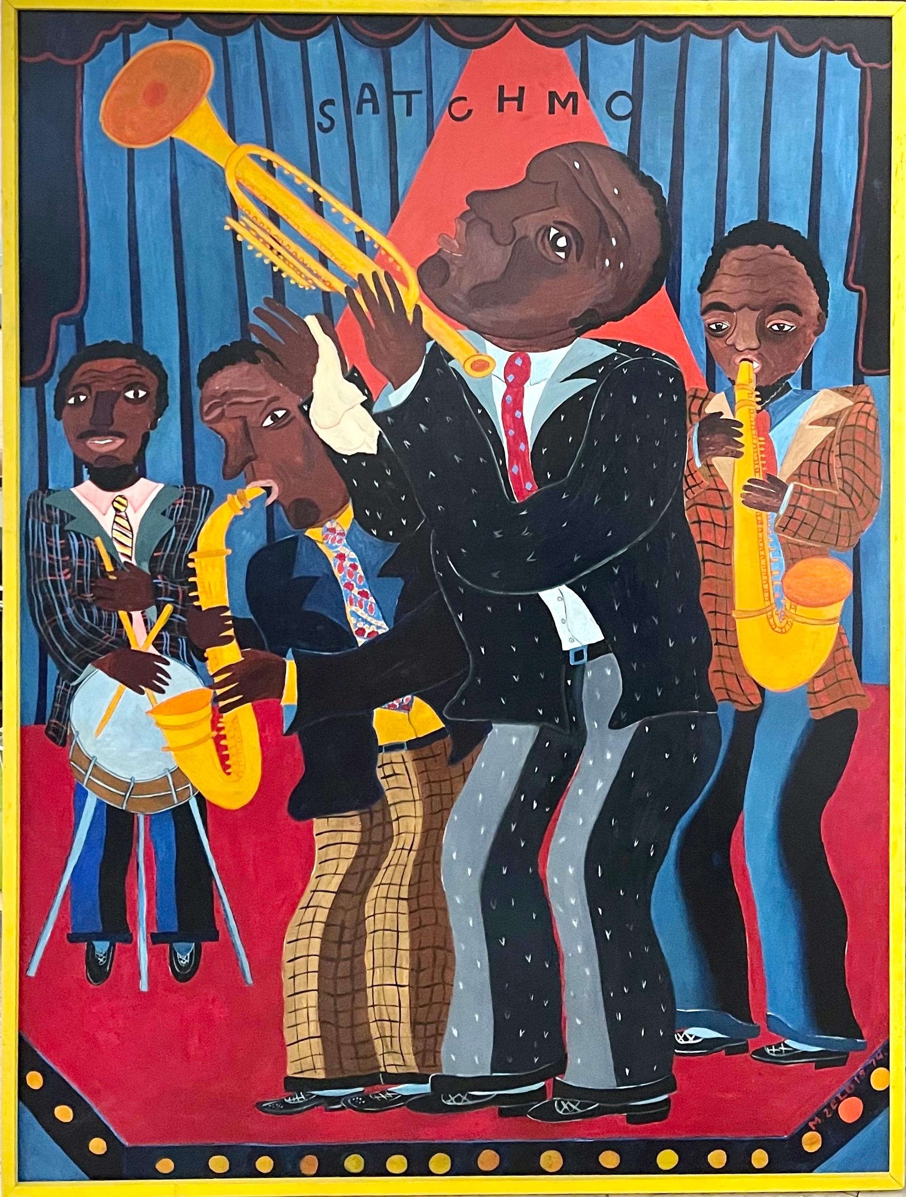 Gran cuadro al óleo de arte popular de Malcah Zeldis El gran jazzista 