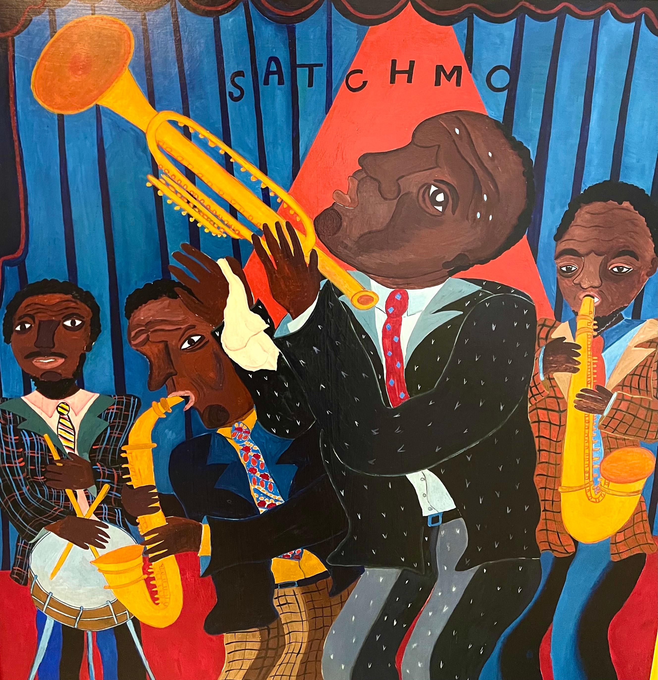 Gran cuadro al óleo de arte popular de Malcah Zeldis El gran jazzista 