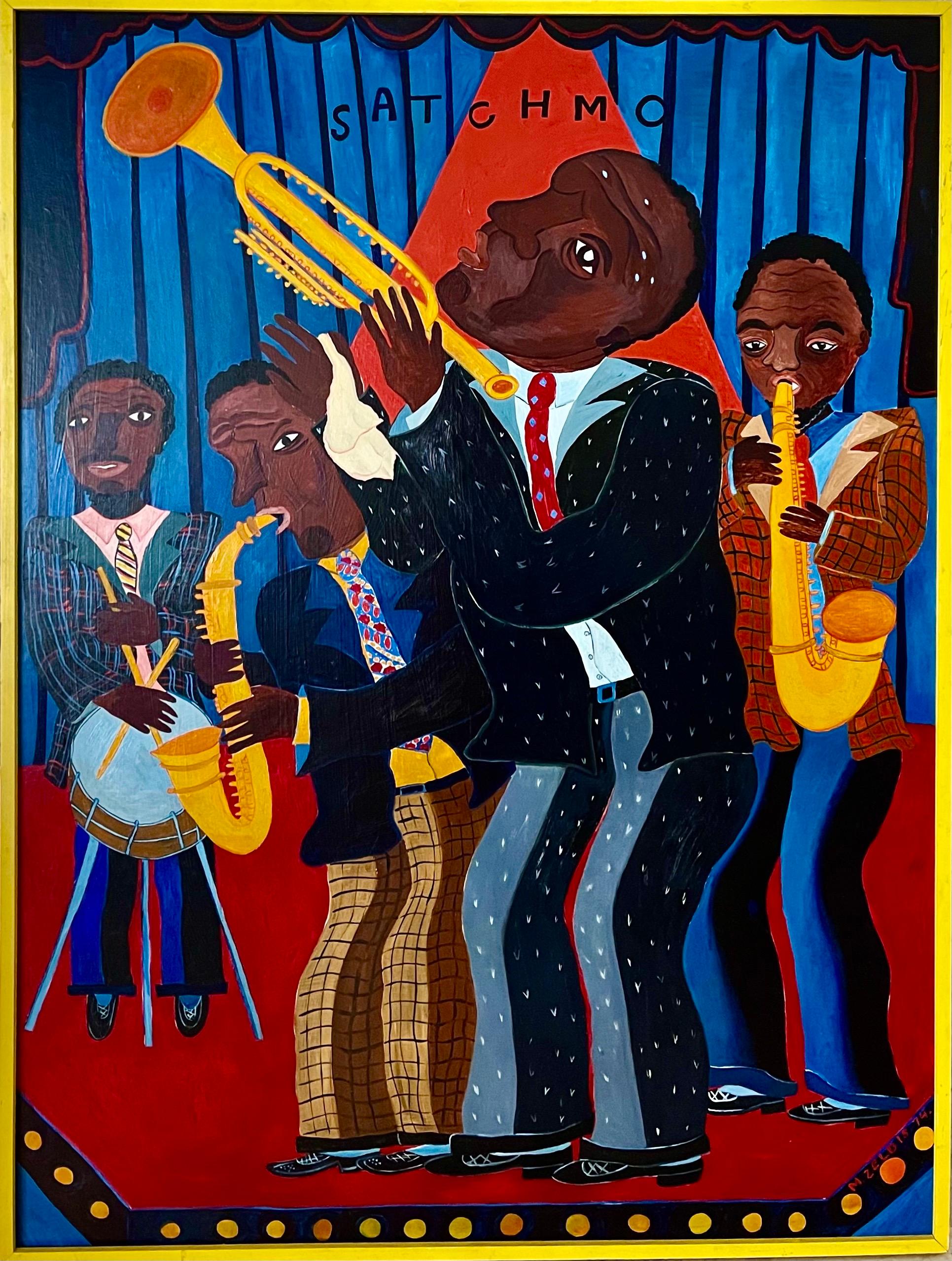 Swing Jazz Quartet. Satchmo, Louis Armstrong !
Peinture à l'huile sur carton. Signé à la main et daté de 1974

Malcah Zeldis (née Mildred Brightman ; 1931) est une peintre américaine d'art populaire. Elle est connue pour son travail qui s'inspire