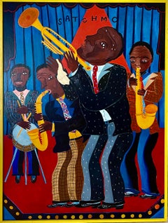 Large Malcah Zeldis Folk Art Oil Painting Jazz Great "Satchmo" Louis Armstrong