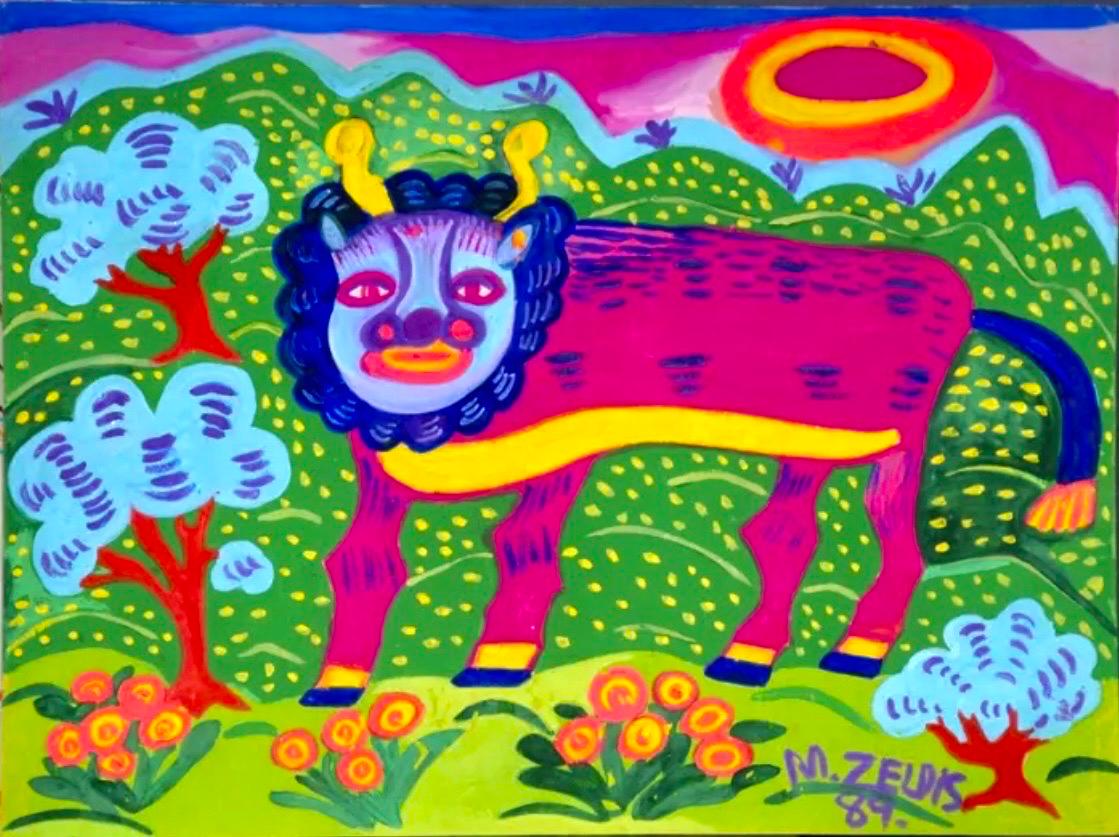 Malcah Zeldis Folk Art Gouache Painting Mod Bull Jüdische Frau Outsider Künstler im Angebot 1