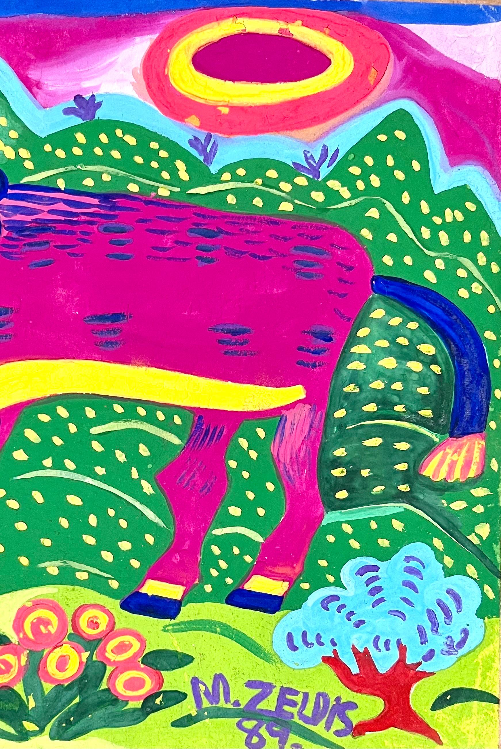 Malcah Zeldis Folk Art Gouache Painting Mod Bull Jüdische Frau Outsider Künstler im Angebot 2