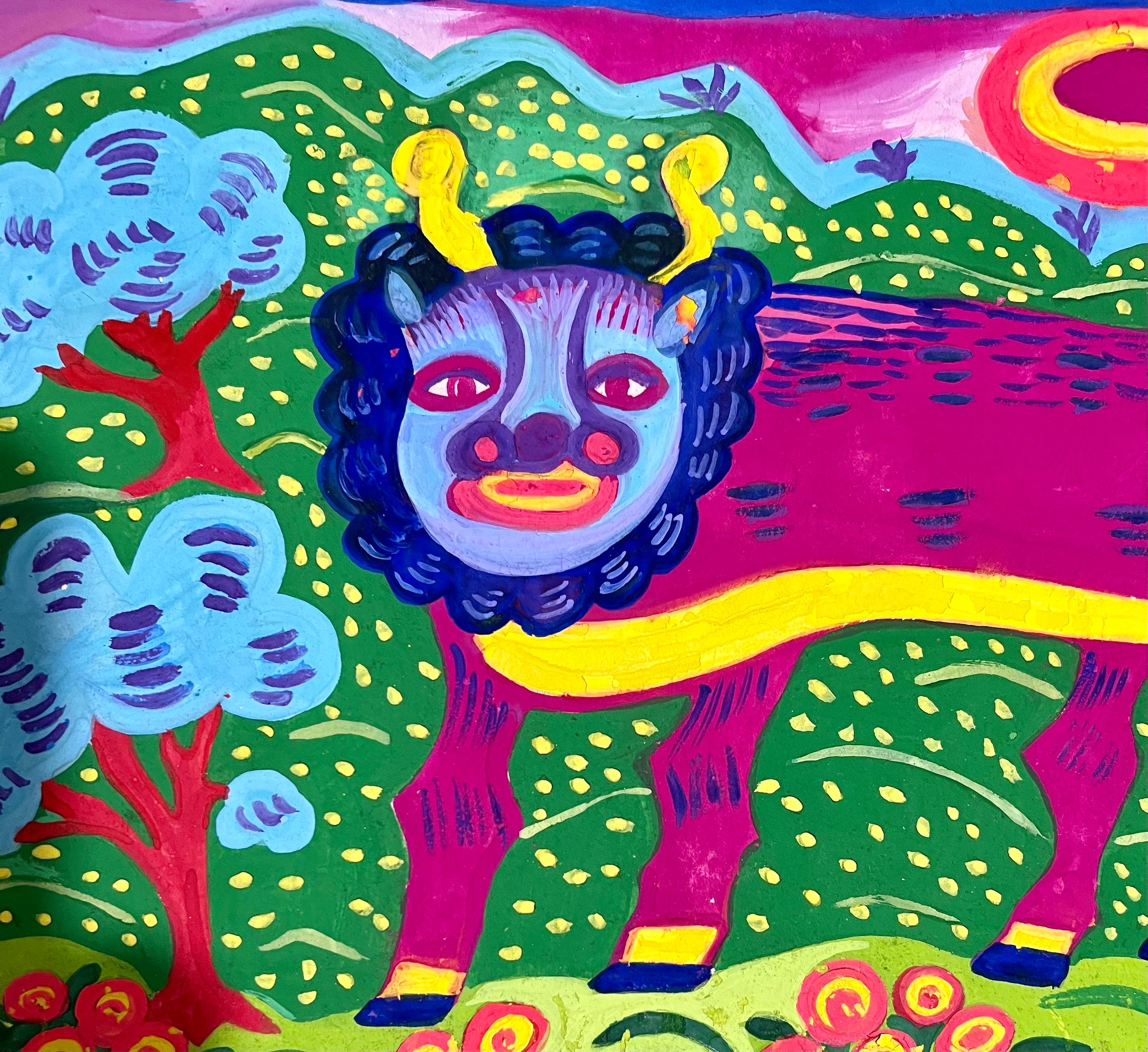 Malcah Zeldis Folk Art Gouache Painting Mod Bull Jewish Woman Outsider Artist For Sale 1