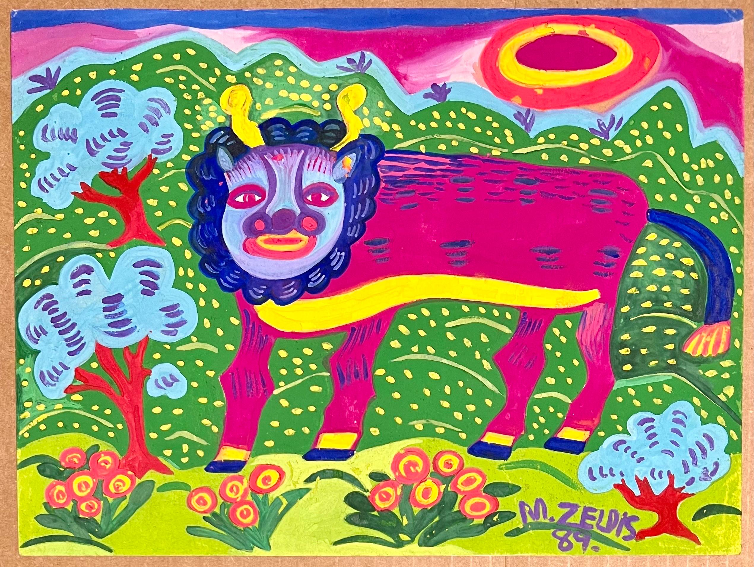Malcah Zeldis Folk Art Gouache Painting Mod Bull Jewish Woman Outsider Artist  For Sale 3
