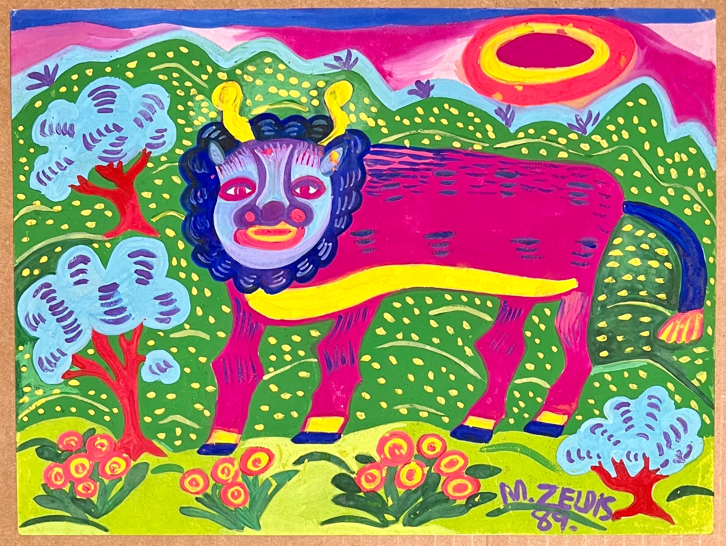Malcah Zeldis Folk Art Gouache Painting Mod Bull Jüdische Frau Outsider Künstler im Angebot 6