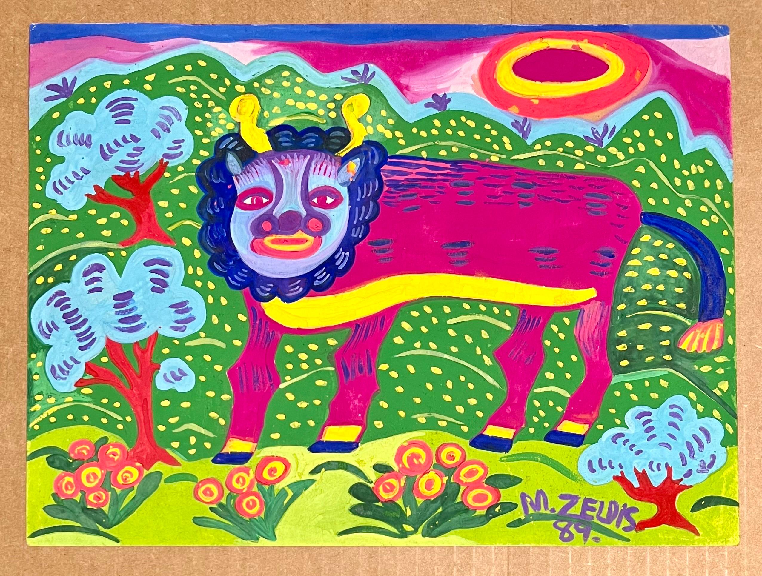 Malcah Zeldis Folk Art Gouache Painting Mod Bull Jüdische Frau Outsider Künstler im Angebot 7