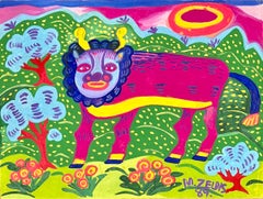 Malcah Zeldis Folk Art Gouache Painting Mod Bull Jewish Woman Outsider Artist 