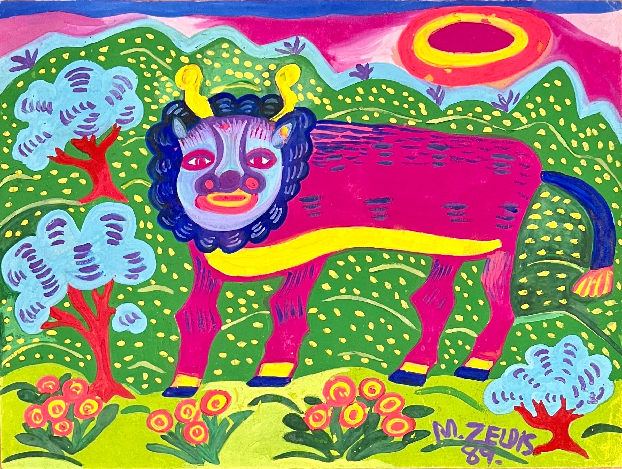Malcah Zeldis Folk Art Gouache Painting Mod Bull Jüdische Frau Outsider Künstler