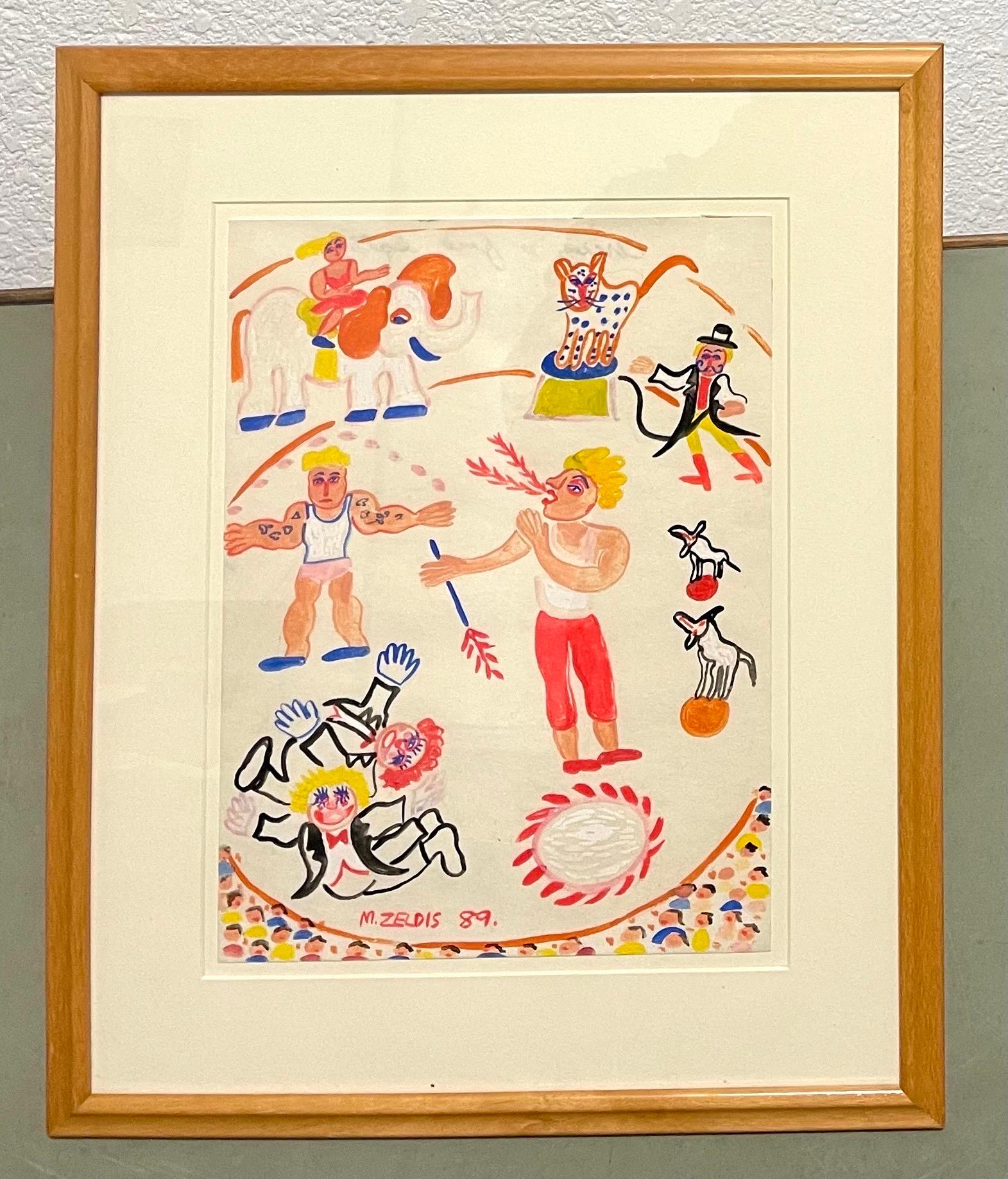 Malcah Zeldis Folk Art Gouache Painting Outsider Artist Circus Fire Eater, Tiger For Sale 1