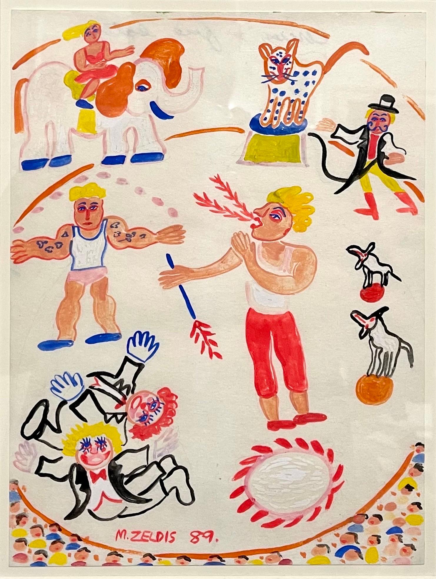Malcah Zeldis Folk Art Gouache Painting Outsider Artist Circus Fire Eater, Tiger For Sale 2