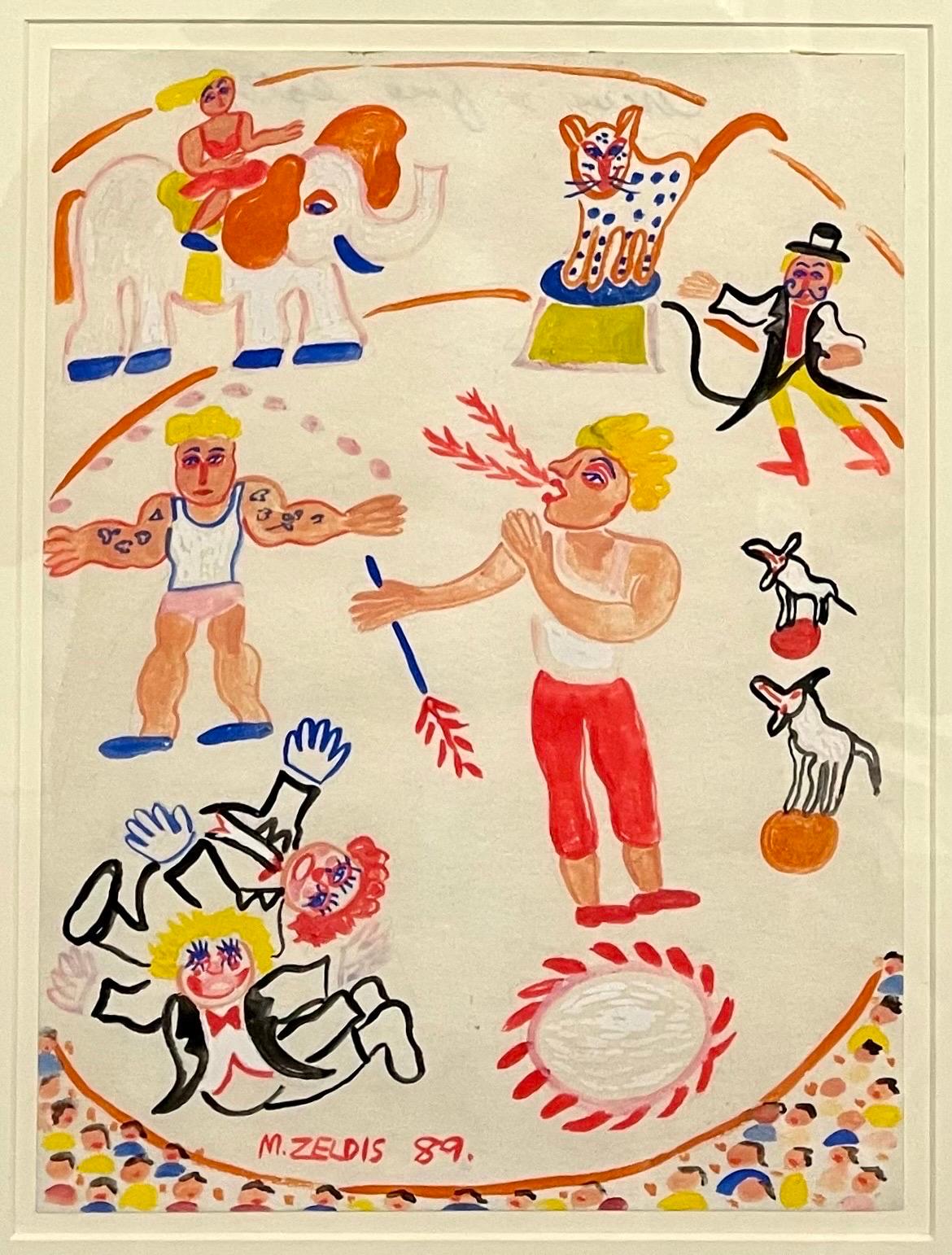 MALCAH ZELDIS
''Circus, Fire Eaters'', 1989, gouache on paper 
Hand signed and dated bottom center, titled in pencil on paper verso
Paper 12''h, 9''w.
Provenance: Estate of Laura Fisher, New York, NY. (a noted Americana antiques dealer with a