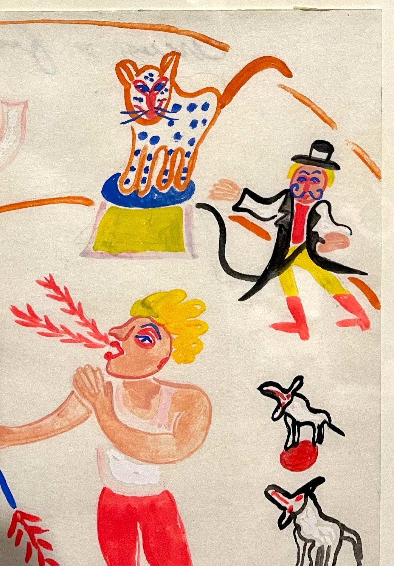 Malcah Zeldis - Peinture à la gouache artisanale - Artiste outsider cueilleur de feu de cirque, tigre en vente 6