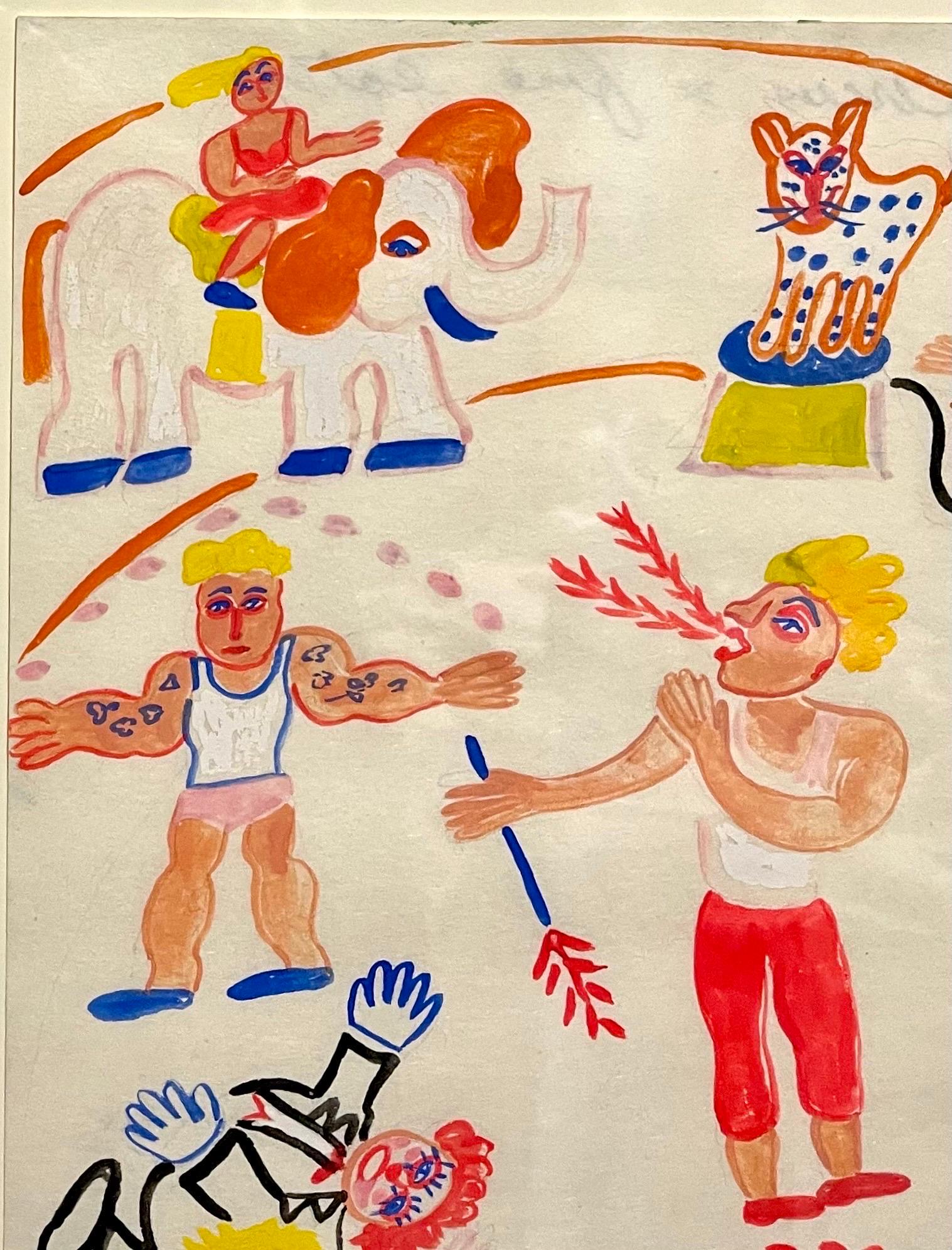 Malcah Zeldis Folk Art Gouache Painting Outsider Artist Circus Fire Eater, Tiger For Sale 7