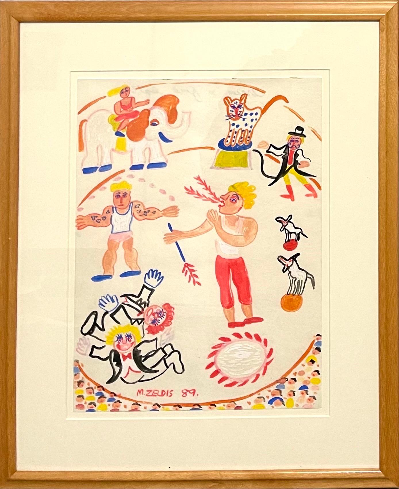 MALCAH ZELDIS
zirkus, Feuerschlucker", 1989, Gouache auf Papier 
Handsigniert und datiert unten in der Mitte, betitelt mit Bleistift auf dem Papier verso
Papier 12''h, 9''b.
Provenienz: Nachlass von Laura Fisher, New York, NY. (eine bekannte