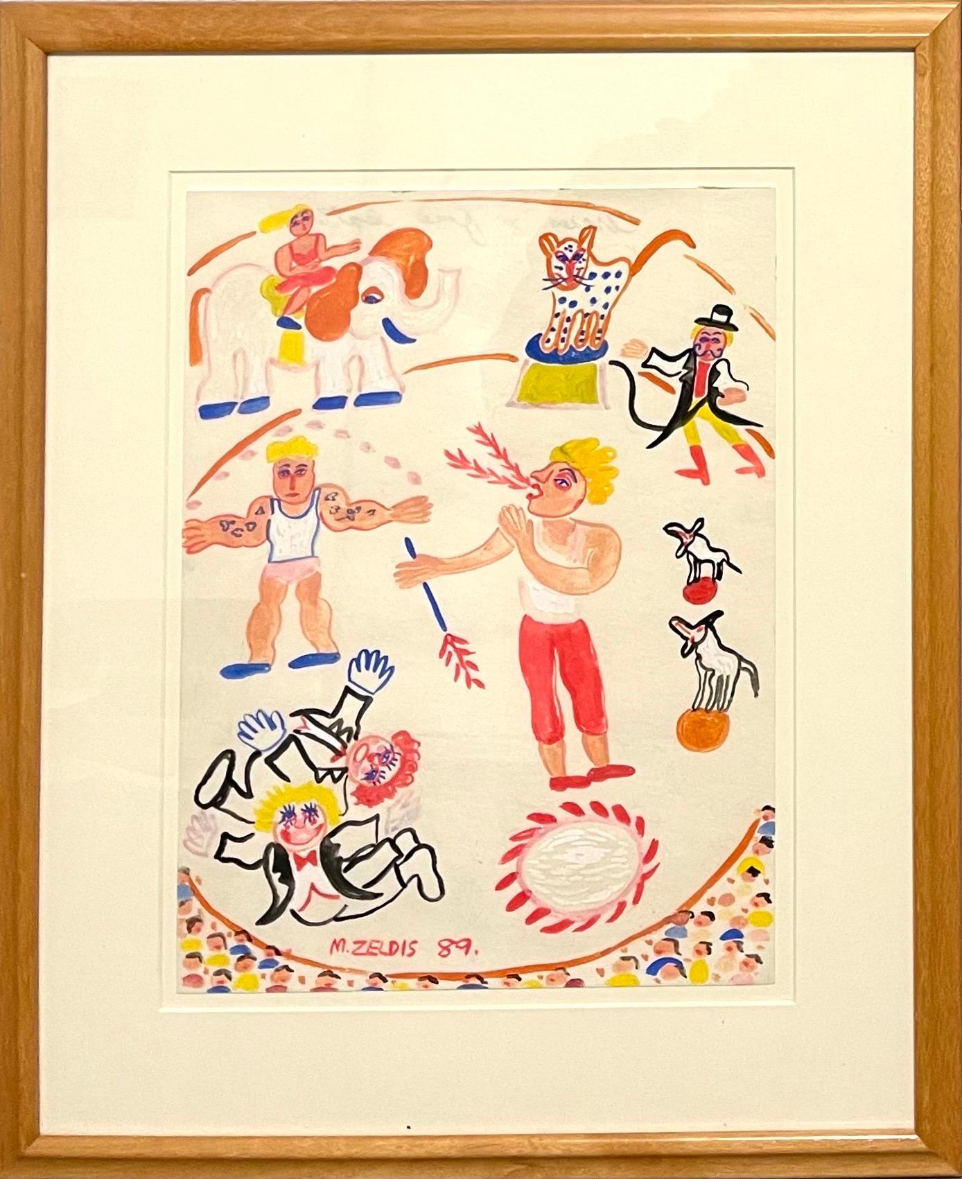 Malcah Zeldis Folk Art Gouache Painting Outsider Artist Circus Fire Eater, Tiger