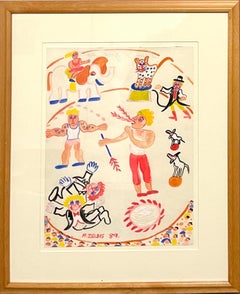 Malcah Zeldis Folk Art Gouache Painting Outsider Artist Circus Fire Eater, Tiger