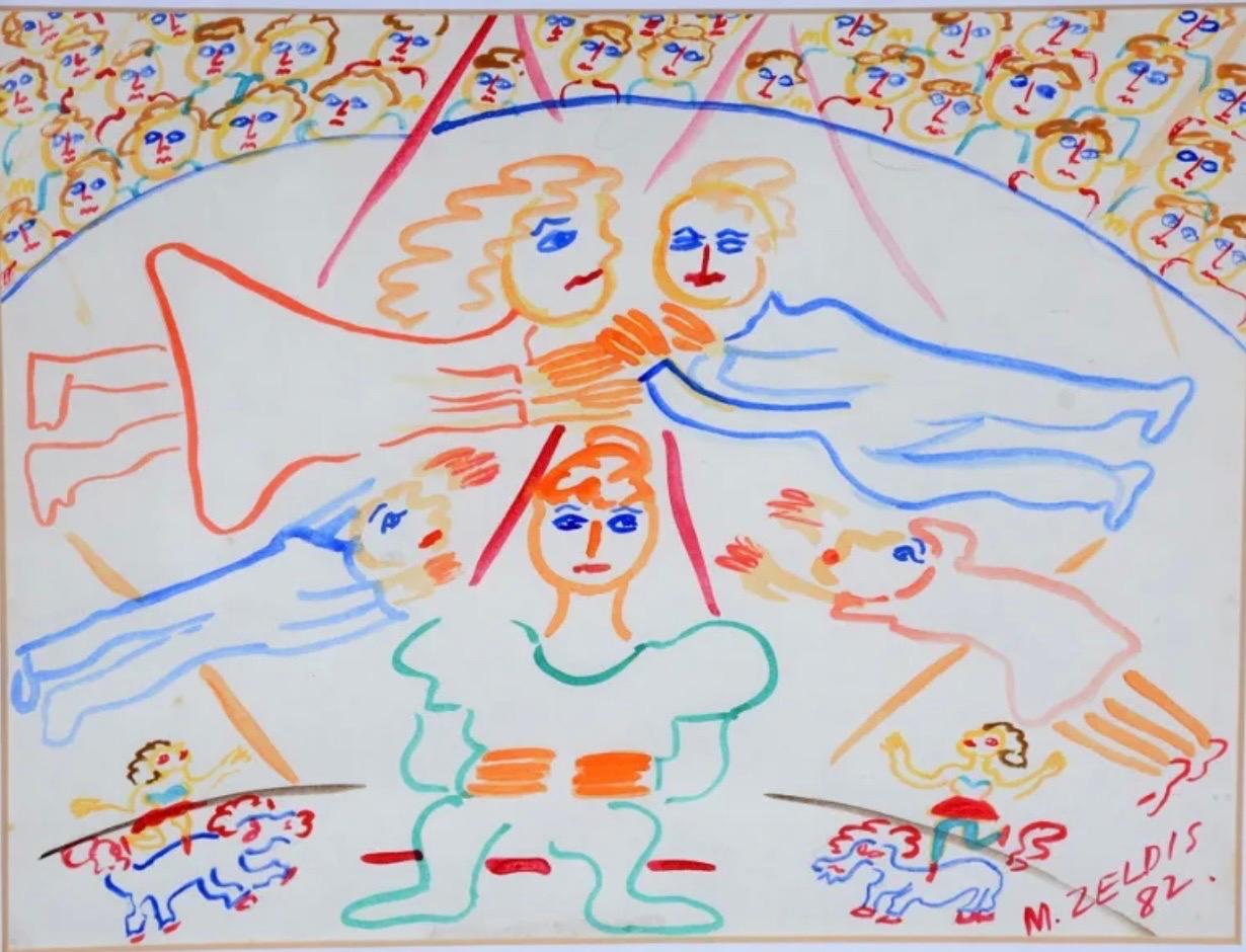Malcah Zeldis Volkskunst Gouache-Malerei Außenseiter Zirkus Trapezkünstler Akrobaten im Angebot 1