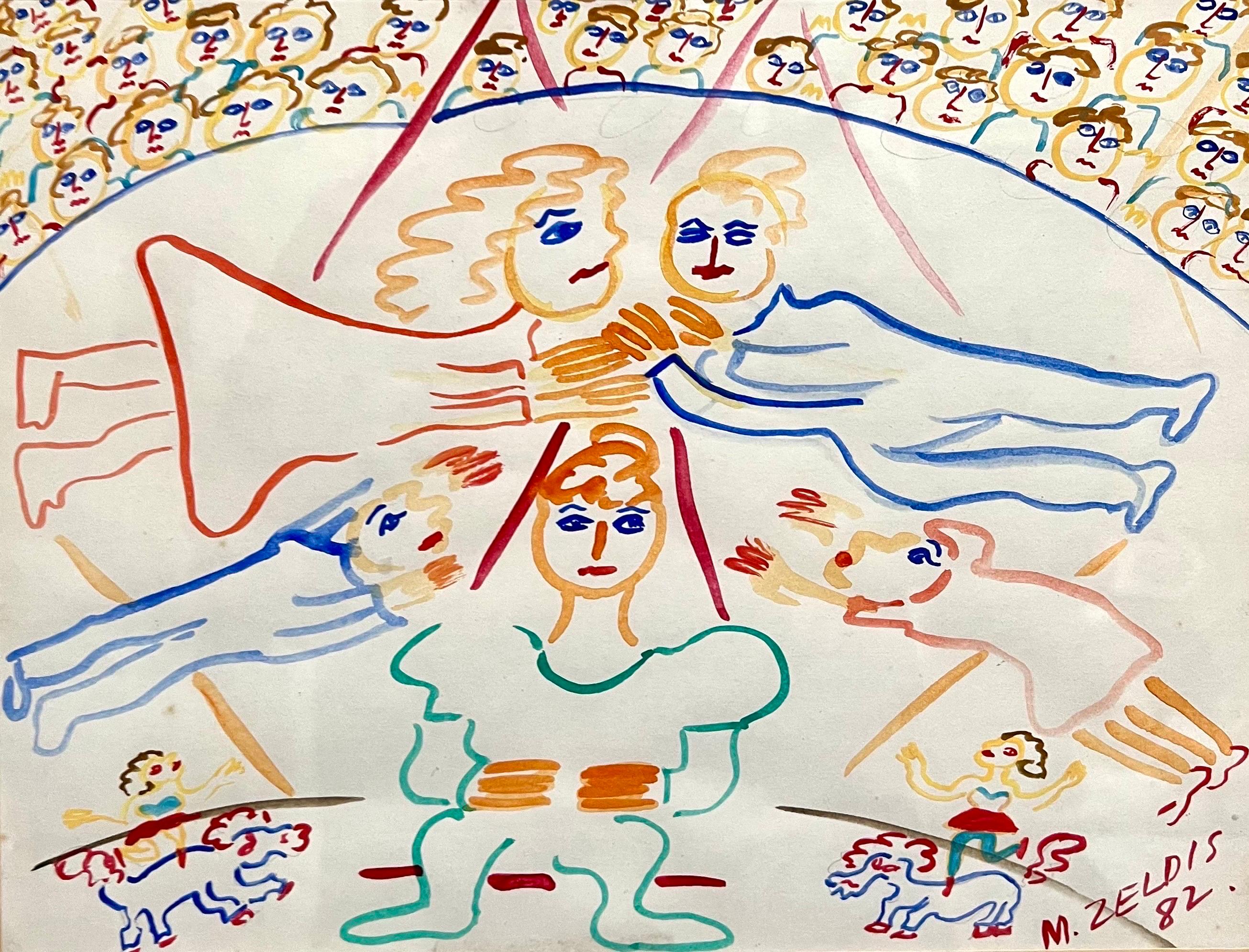 Malcah Zeldis Volkskunst Gouache-Malerei Außenseiter Zirkus Trapezkünstler Akrobaten im Angebot 4