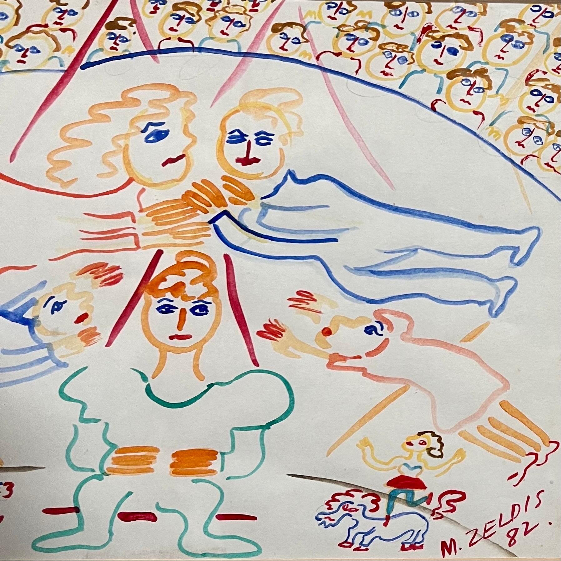 Malcah Zeldis Arte Popolare Pittura a guazzo Outsider Circo Trapezista Acrobati in vendita 5