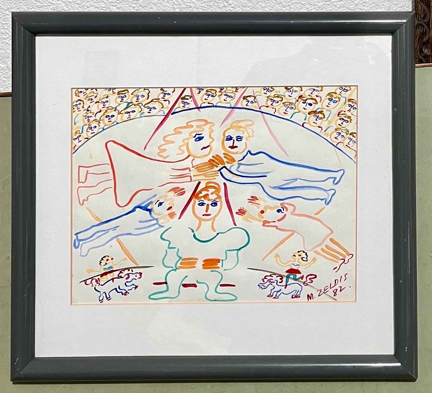 Malcah Zeldis Volkskunst Gouache-Malerei Außenseiter Zirkus Trapezkünstler Akrobaten im Angebot 6