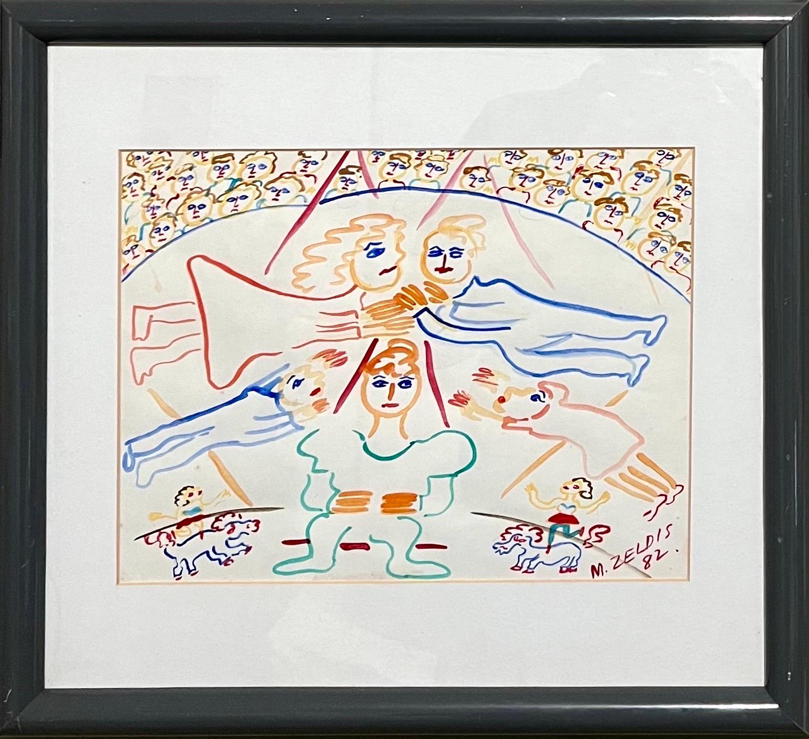 Malcah Zeldis Volkskunst Gouache-Malerei Außenseiter Zirkus Trapezkünstler Akrobaten