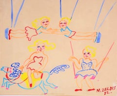 Malcah Zeldis Folk Art Gouache Painting Outsider Circus Trapeze Horse Acrobats