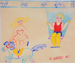 Malcah Zeldis - Peinture à la gouache artisanale - Acrobats de cirque étrangers avec chevaux trapèze