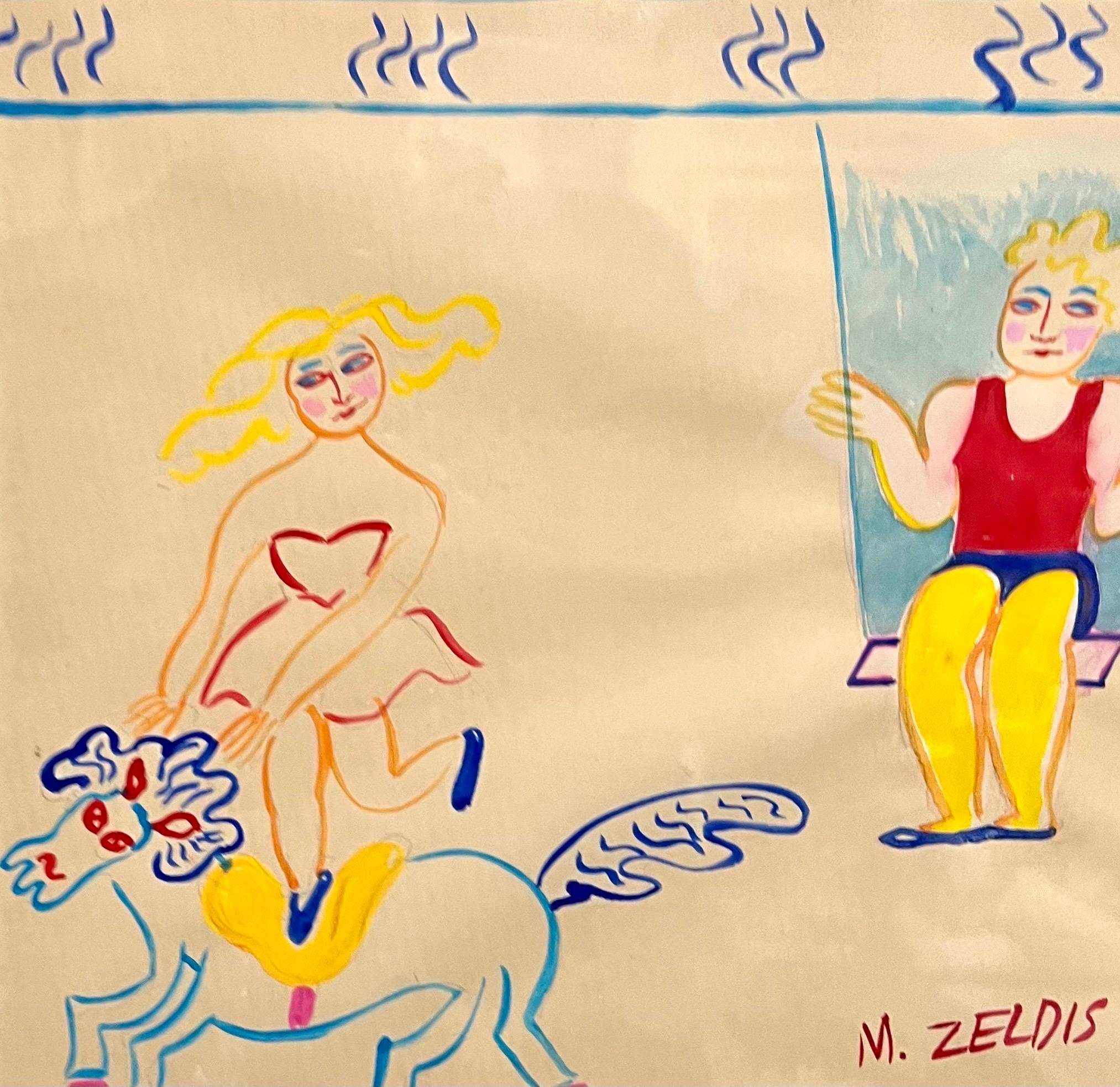 Malcah Zeldis Folk Art Gouache Painting Outsider Zirkus Trapez Pferd Akrobaten im Angebot 2