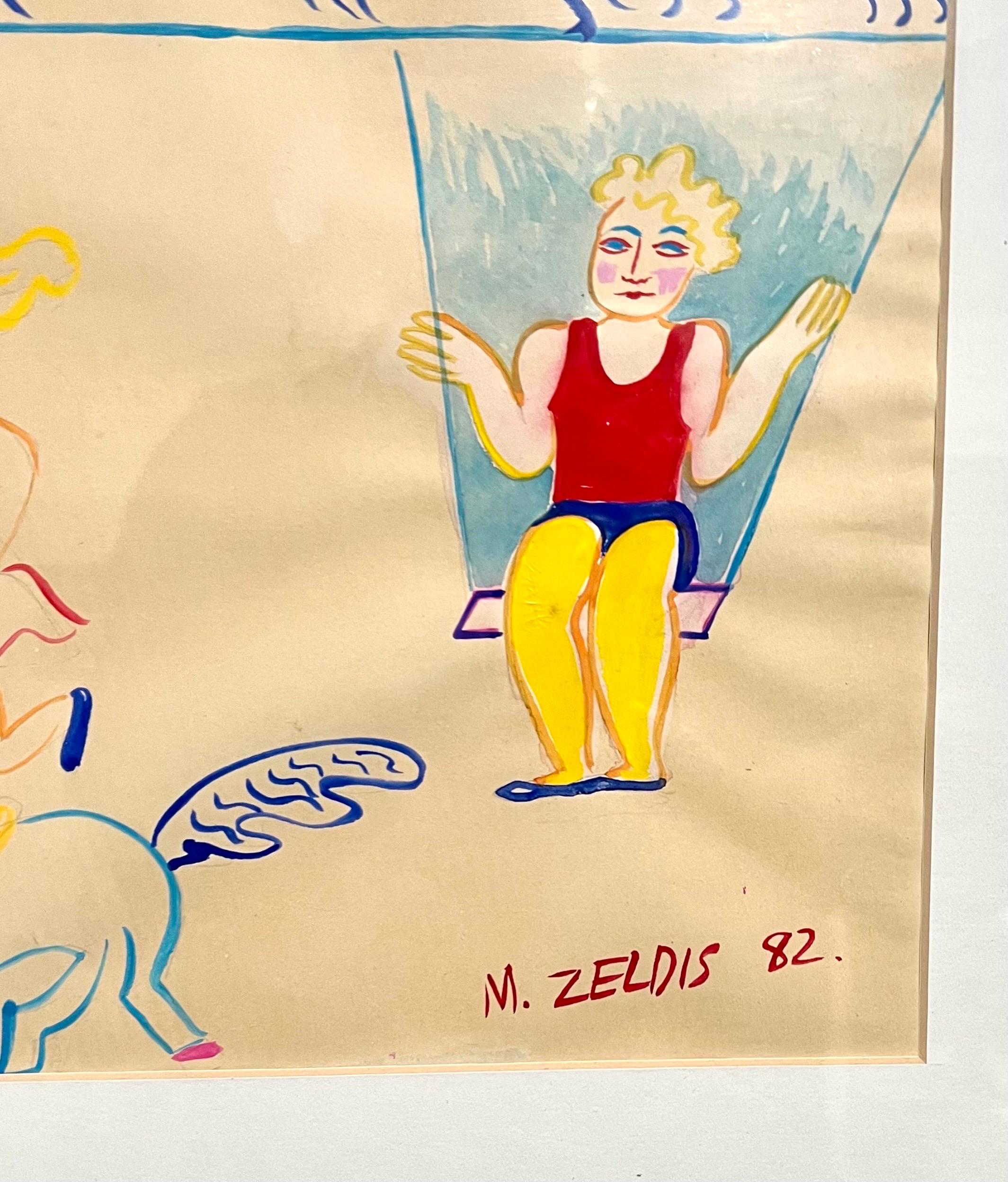 Malcah Zeldis Folk Art Gouache Painting Outsider Circus Trapeze Horse Acrobats  For Sale 1