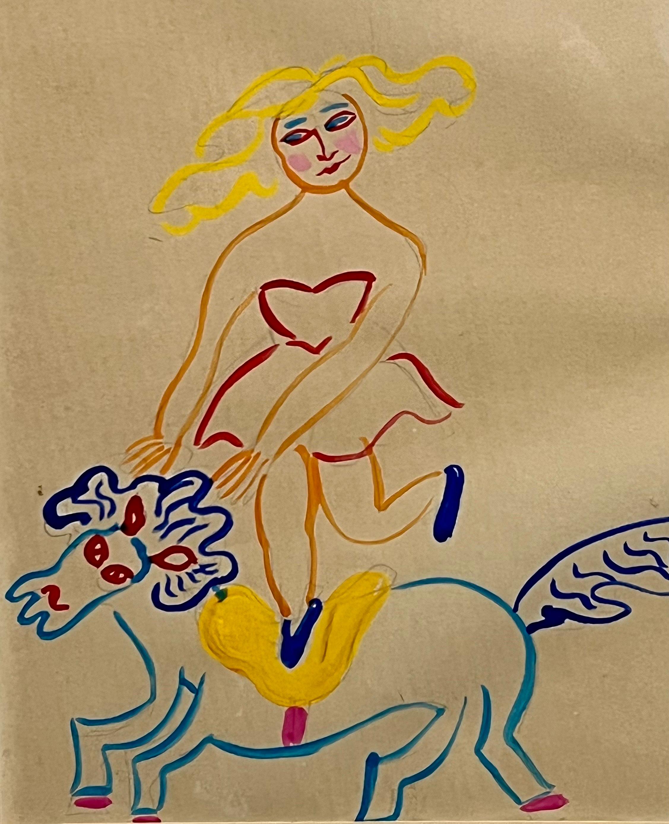 Malcah Zeldis Arte popular Pintura aguada Outsider Circo Trapecio Caballo Acróbatas en venta 4