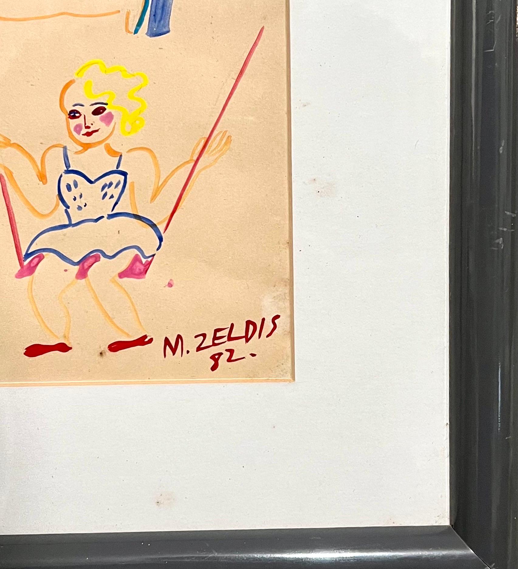 Malcah Zeldis Folk Art Gouache Painting Outsider Zirkus Trapez Pferd Akrobaten im Angebot 4
