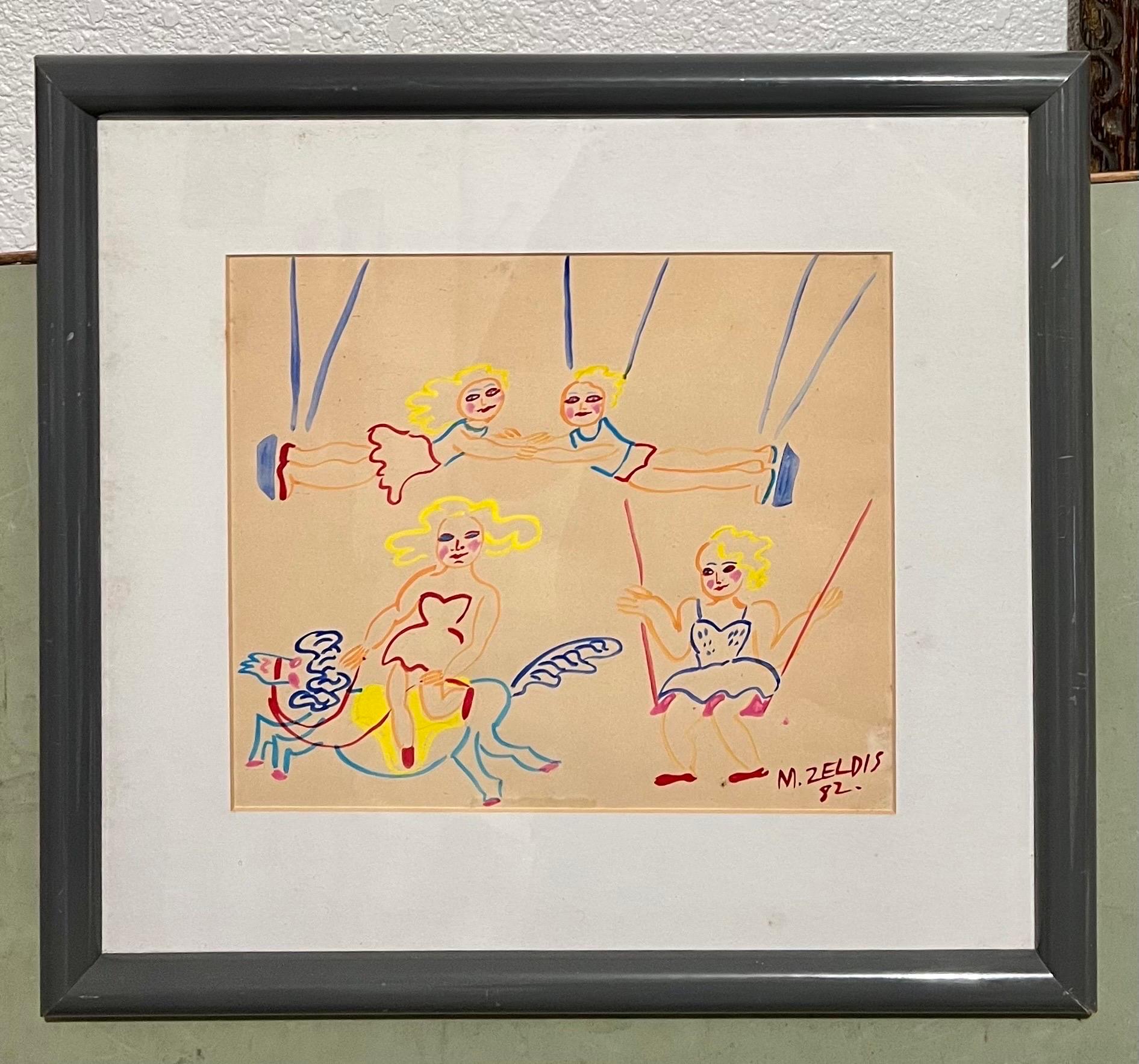Malcah Zeldis Folk Art Gouache Painting Outsider Zirkus Trapez Pferd Akrobaten im Angebot 5