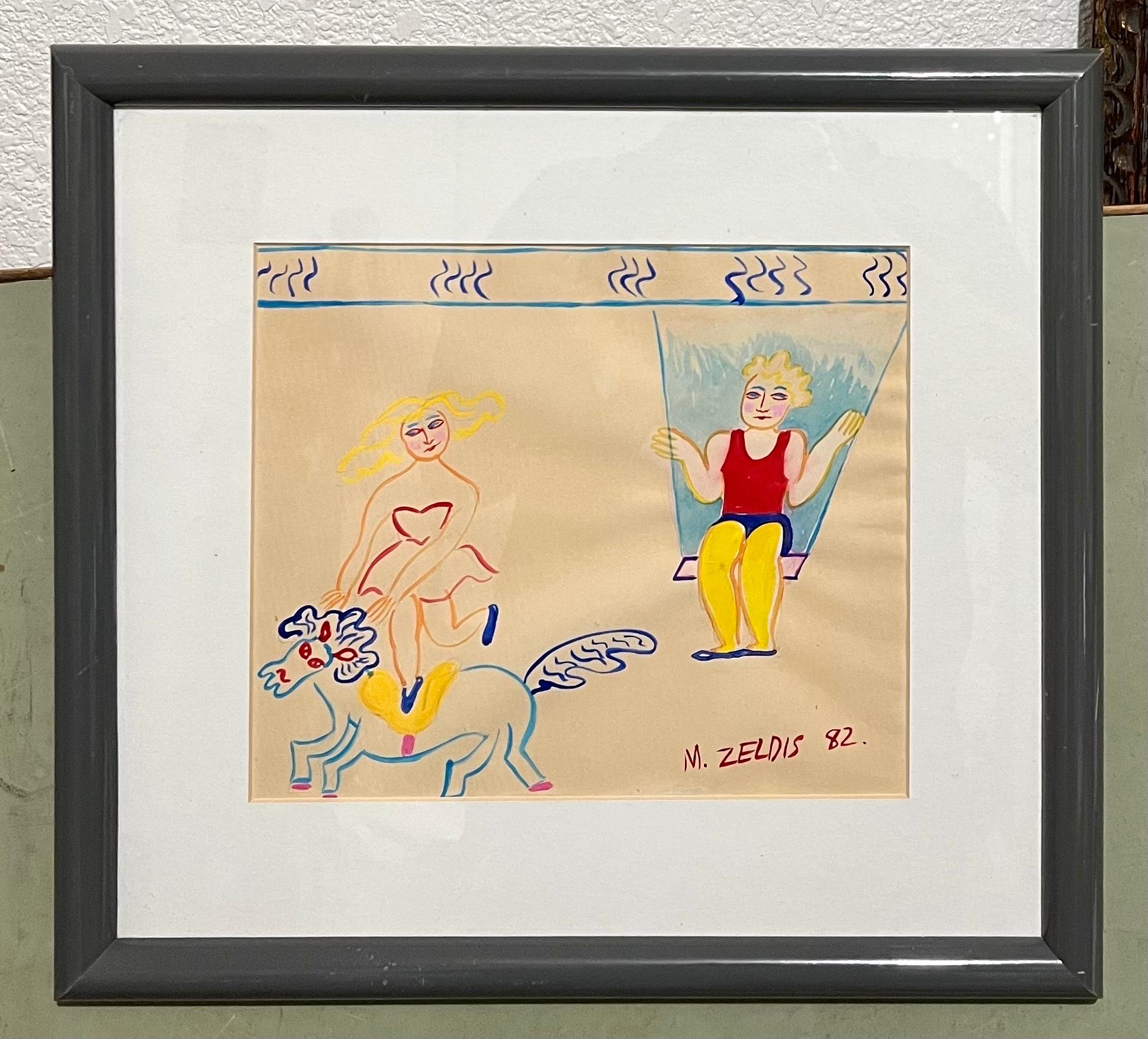 Malcah Zeldis Folk Art Gouache Painting Outsider Zirkus Trapez Pferd Akrobaten im Angebot 5