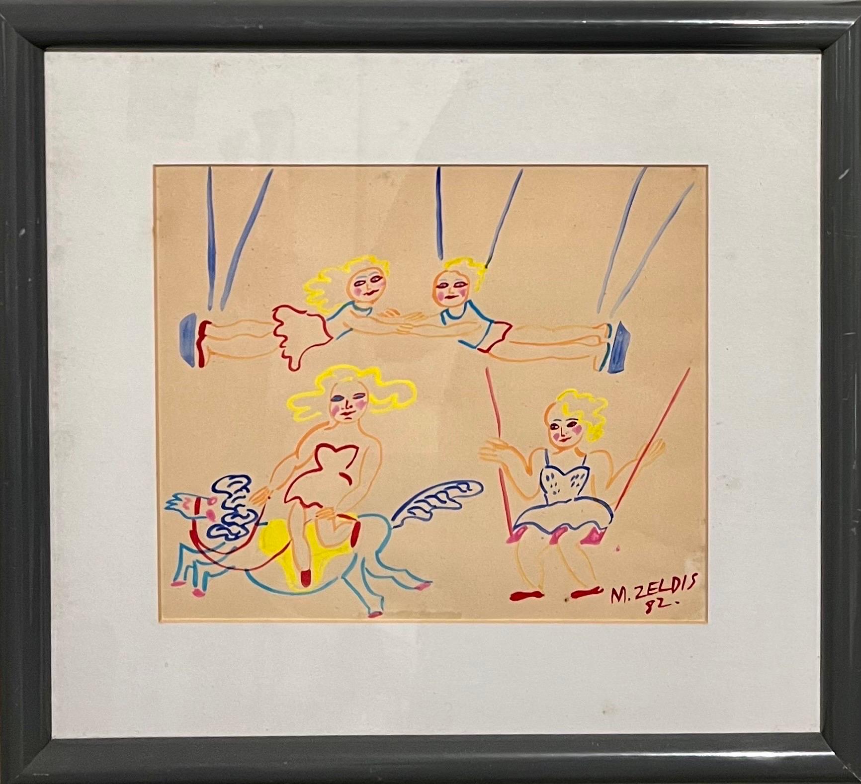 Malcah Zeldis Folk Art Gouache Painting Outsider Zirkus Trapez Pferd Akrobaten im Angebot 6