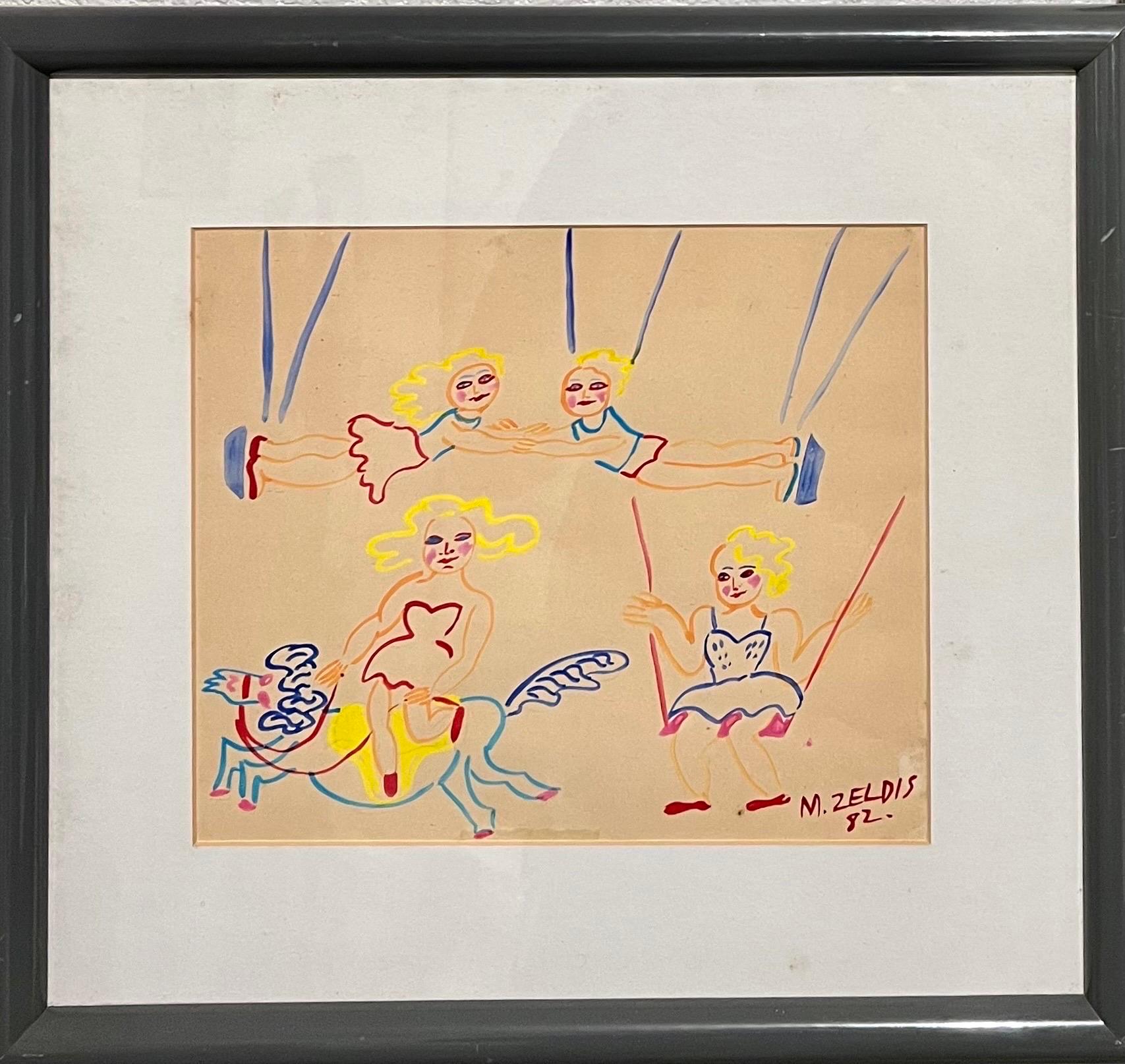 Malcah Zeldis Folk Art Gouache Painting Outsider Zirkus Trapez Pferd Akrobaten