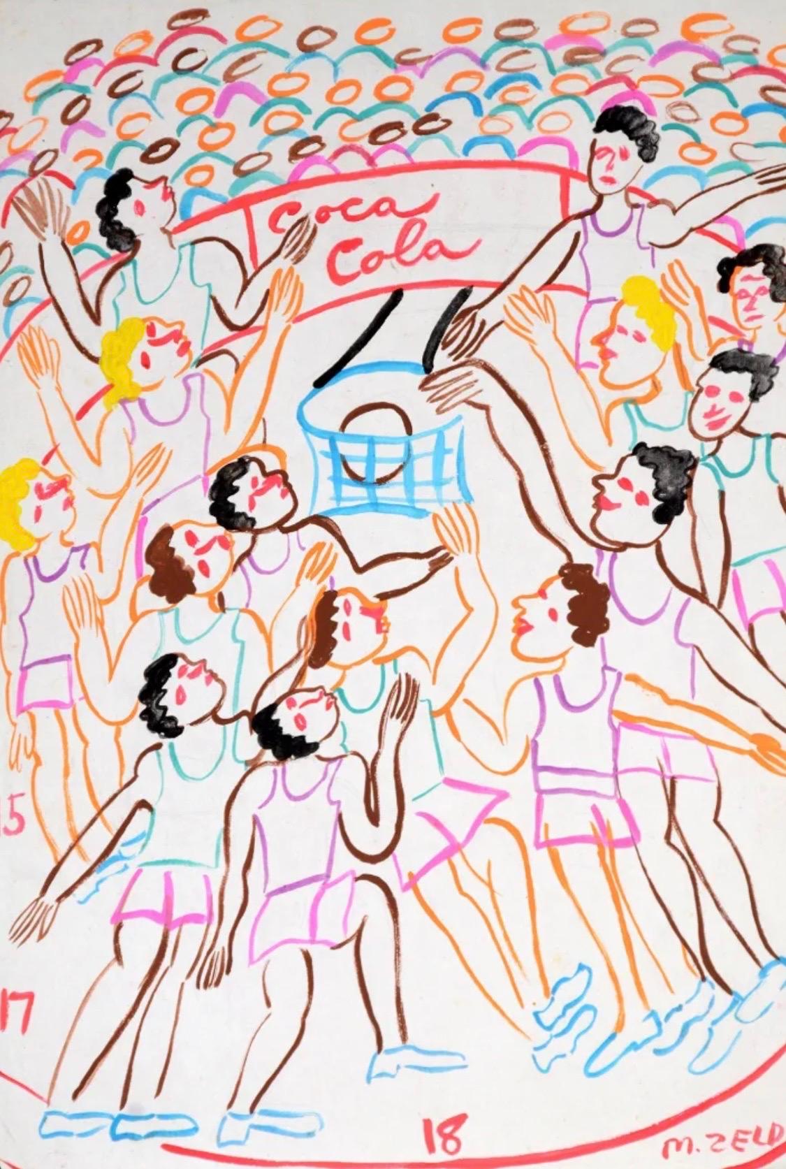 Malcah Zeldis Folk Art Gouache Painting Sport Basketball Arena Coca Cola Zeichen im Angebot 1