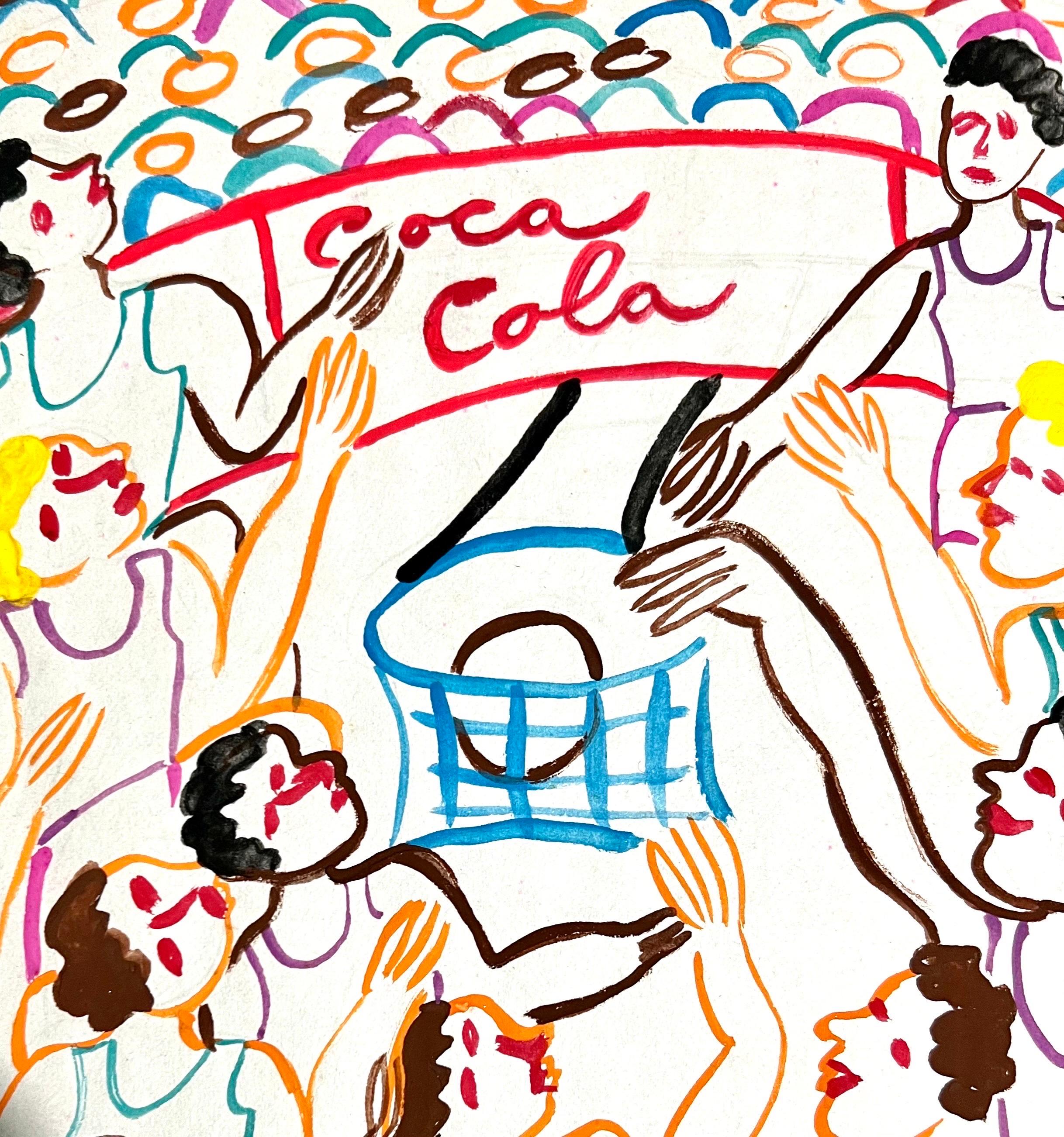 Malcah Zeldis Folk Art Gouache Painting Sport Basketball Arena Coca Cola Zeichen im Angebot 2