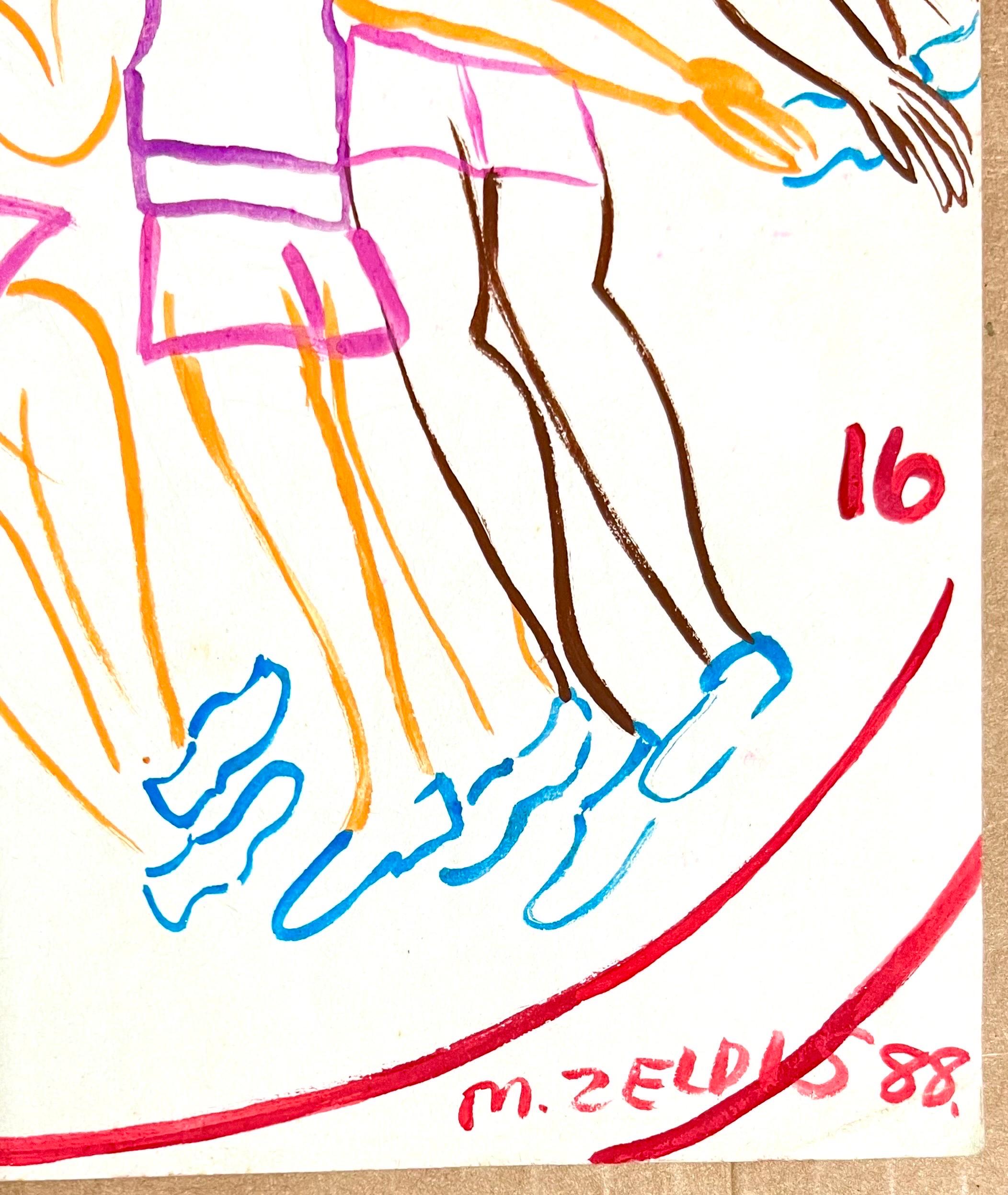 Malcah Zeldis Folk Art Gouache Painting Sport Basketball Arena Coca Cola Zeichen im Angebot 3