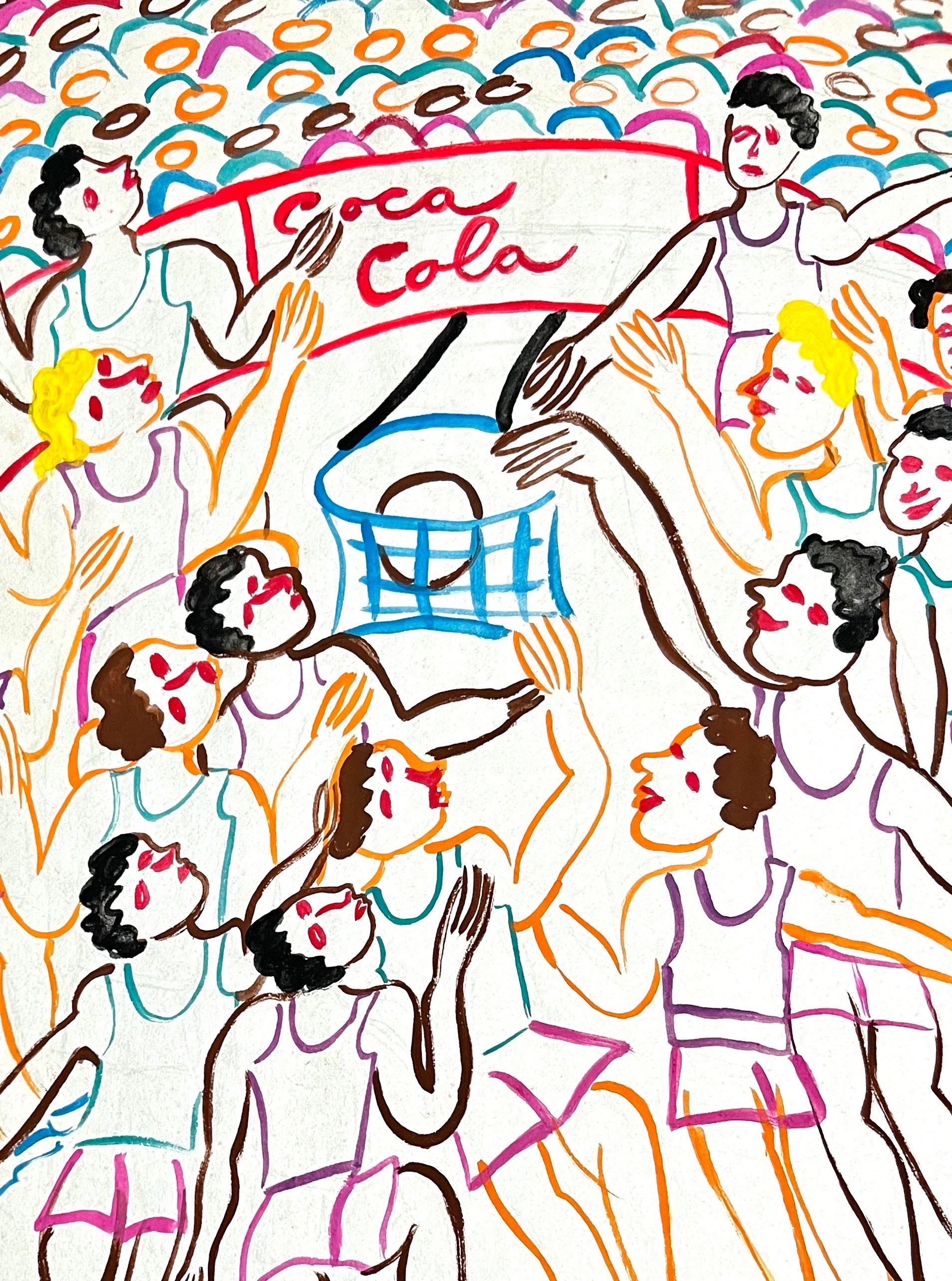 Malcah Zeldis Folk Art Gouache Painting Sports Basketball Arena Coca Cola Sign For Sale 1