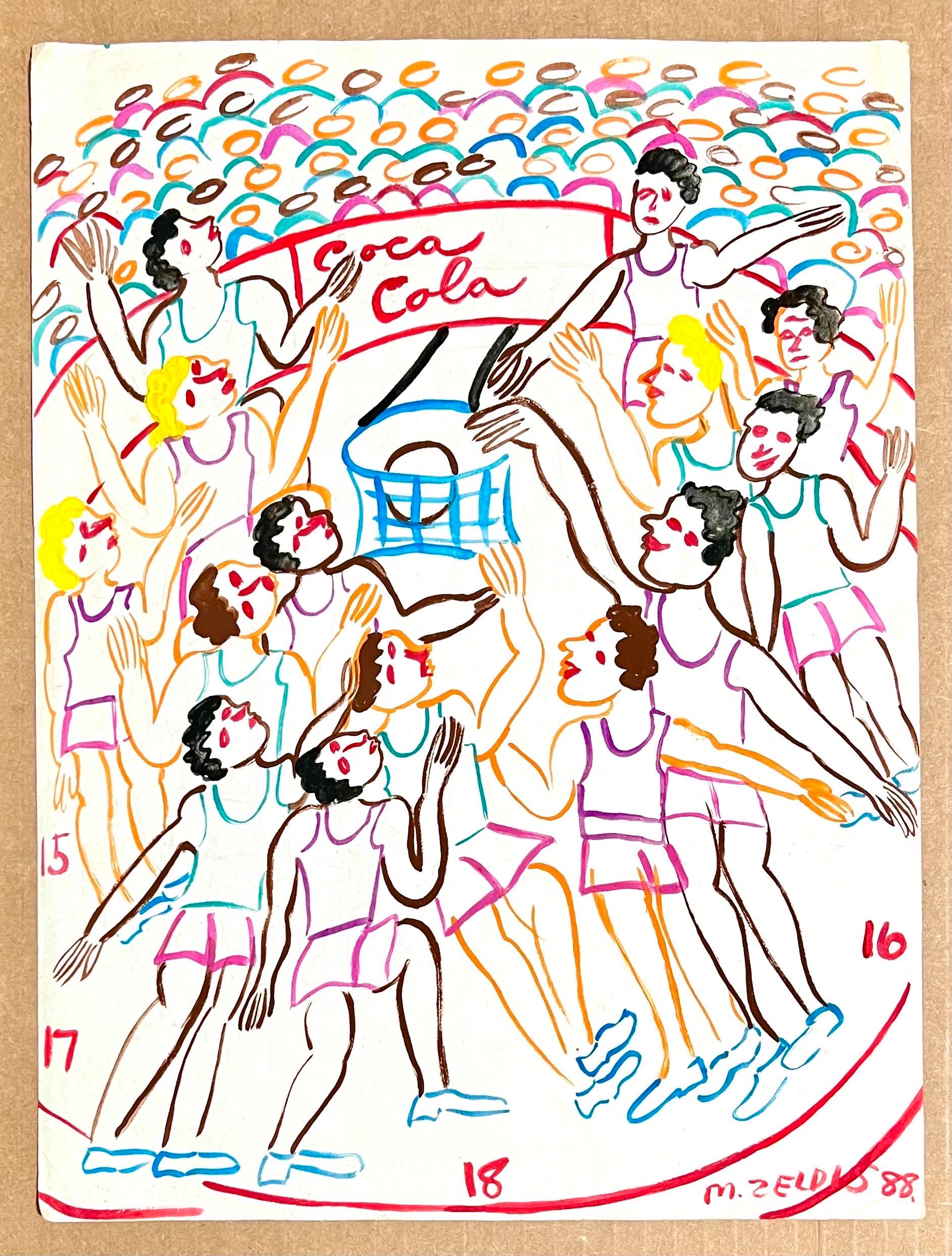 Malcah Zeldis Folk Art Gouache Painting Sport Basketball Arena Coca Cola Zeichen im Angebot 5