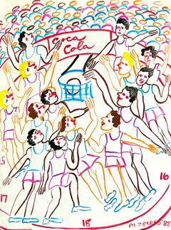 Malcah Zeldis Arte popular Pintura al gouache Deportes Baloncesto Arena Cartel Coca Cola