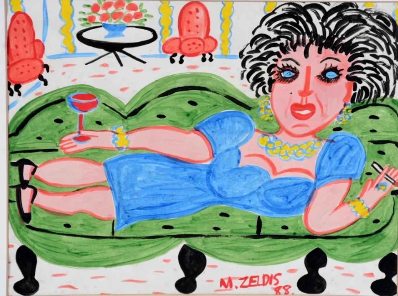 Malcah Zeldis Folk Art Gouache Peinture Vin et Cigarettes Femme Artiste Outsider  en vente 1