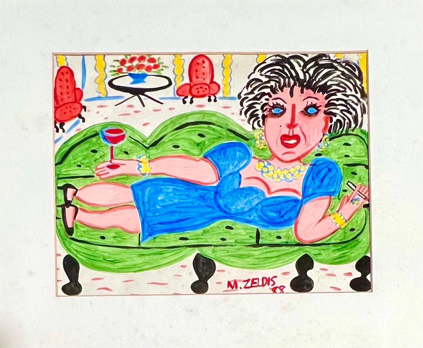 Malcah Zeldis Volkskunst Gouache Malerei Wein & Zigaretten Frau Außenseiter Künstler im Angebot 2