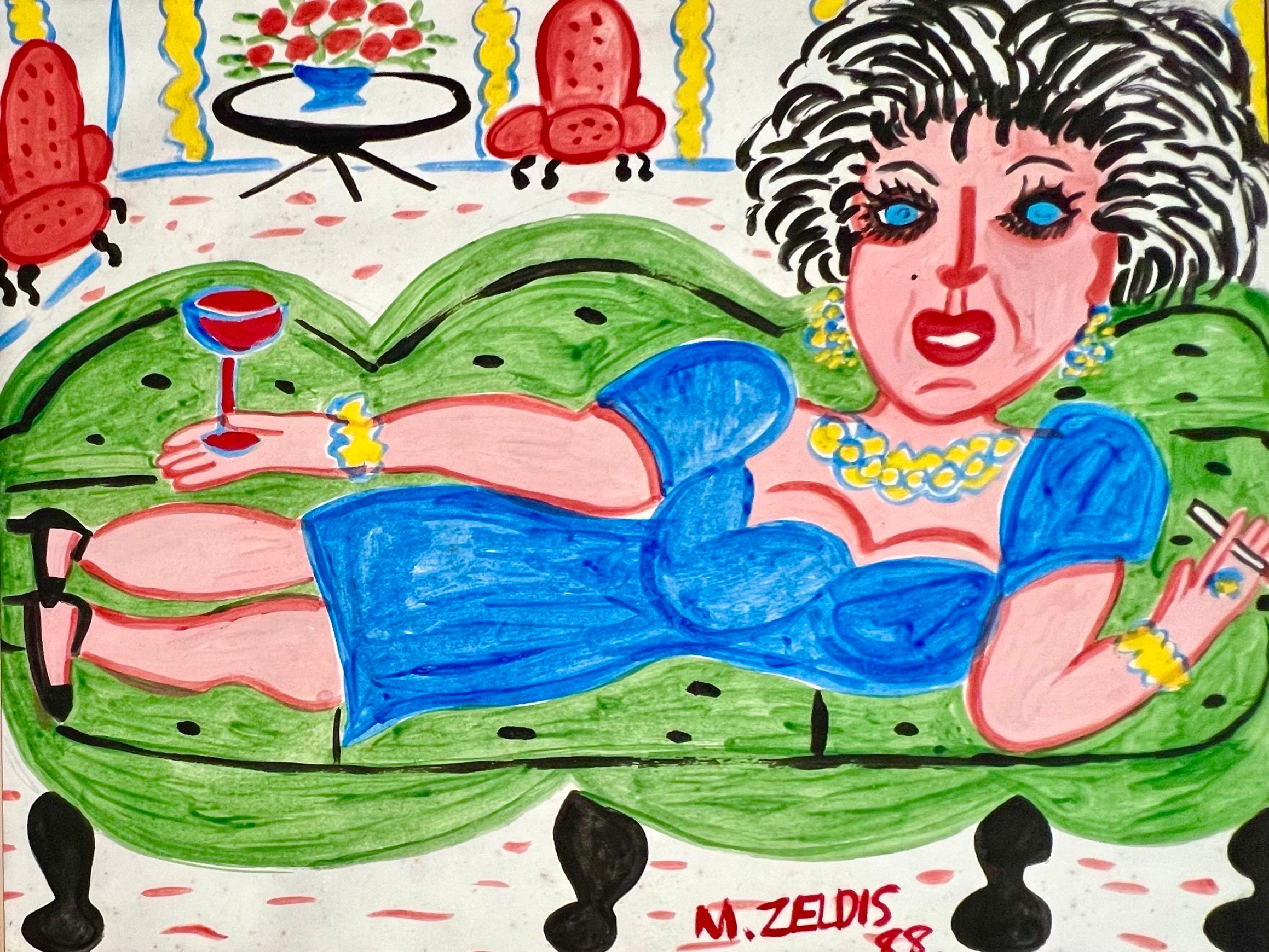 Malcah Zeldis Folk Art Gouache Peinture Vin et Cigarettes Femme Artiste Outsider  en vente 4