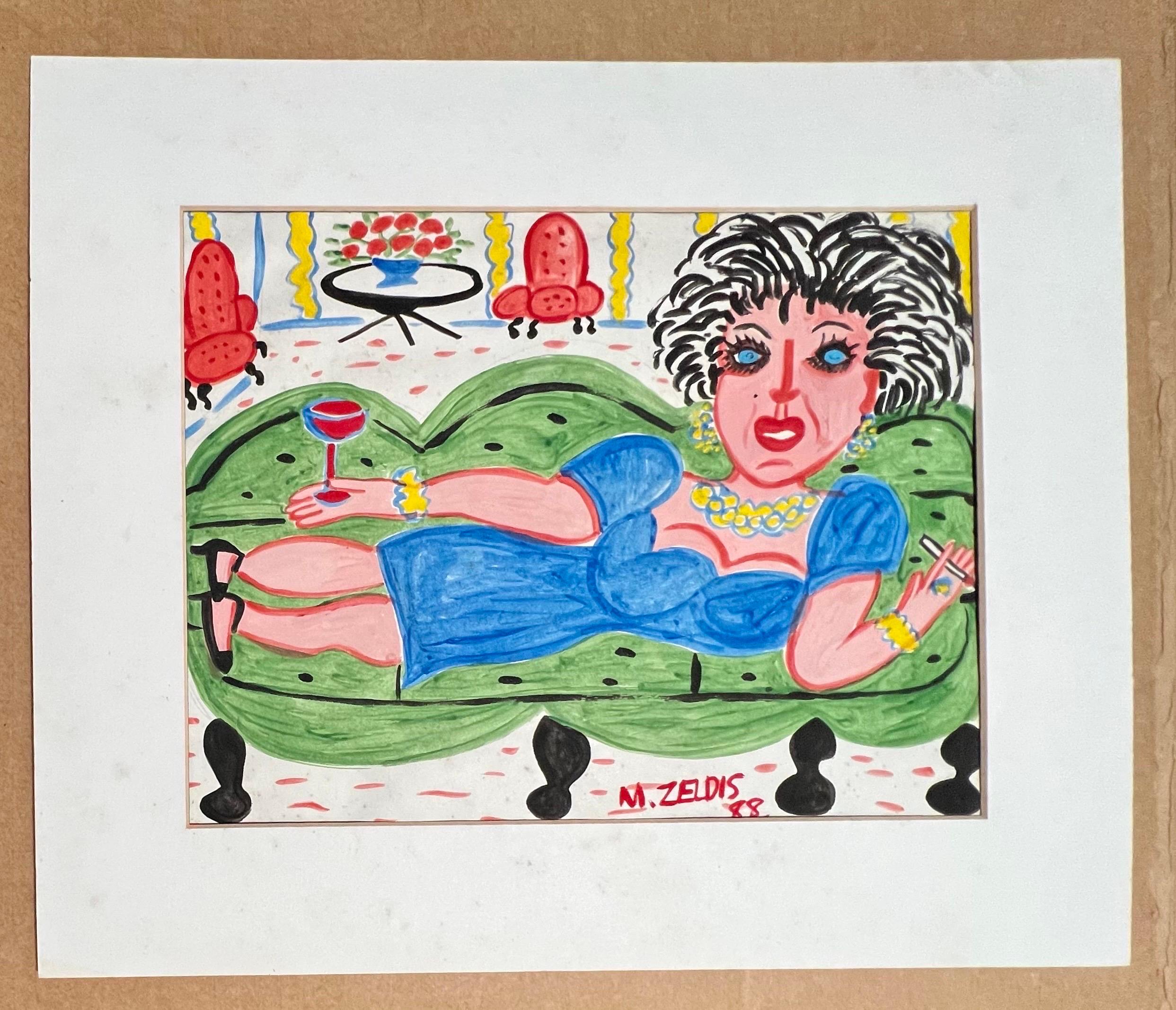 Malcah Zeldis Folk Art Gouache Painting Wine & Cigarettes Woman Outsider Artist  For Sale 2