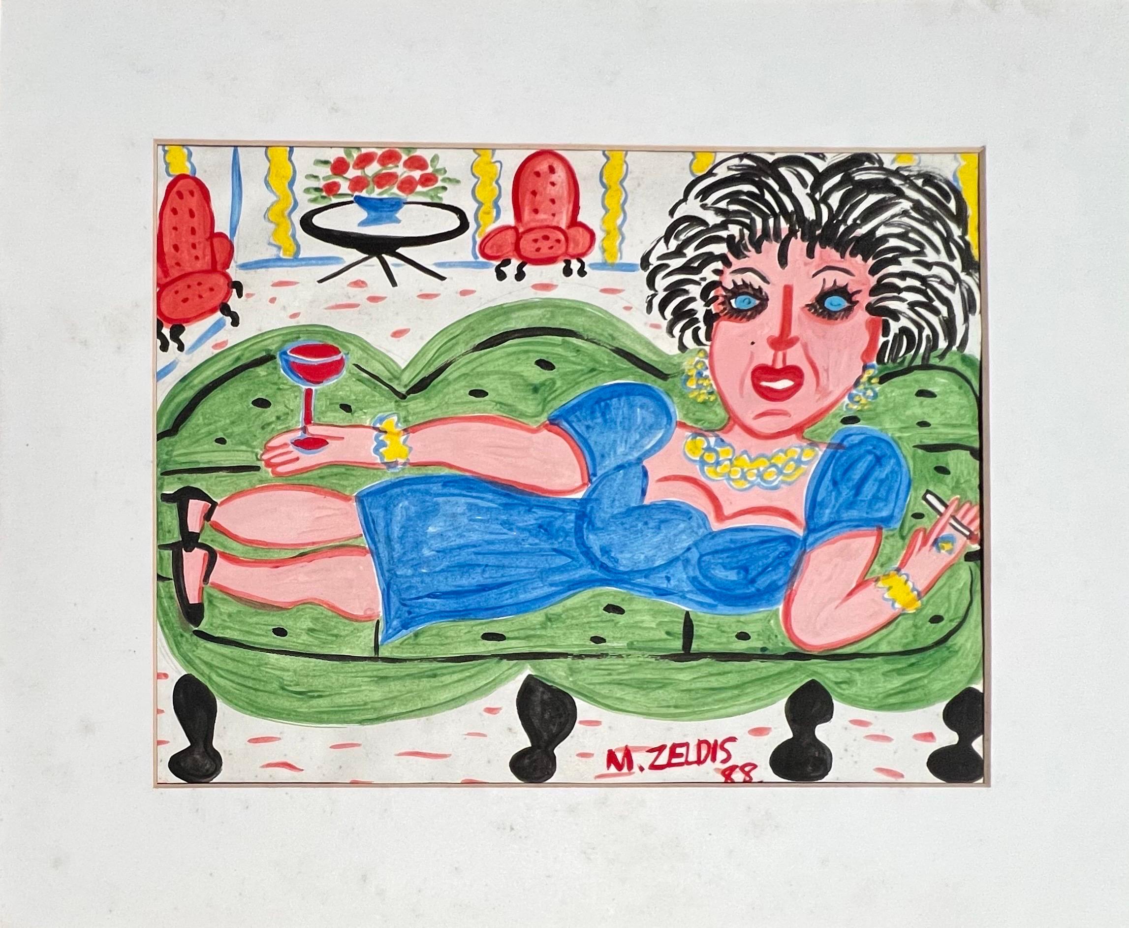 Malcah Zeldis Folk Art Gouache Peinture Vin et Cigarettes Femme Artiste Outsider  en vente 6