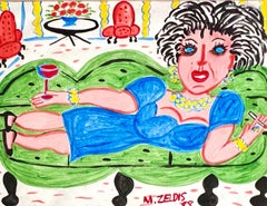 Malcah Zeldis Folk Art Gouache Painting Wine & Cigarettes Woman Outsider Artist 