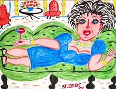 Malcah Zeldis Folk Art Pittura a guazzo Vino e sigarette Donna Artista Outsider