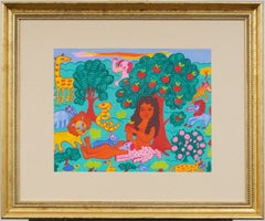 Antique American Folk Art Modernist Figural Landscape Framed Painting