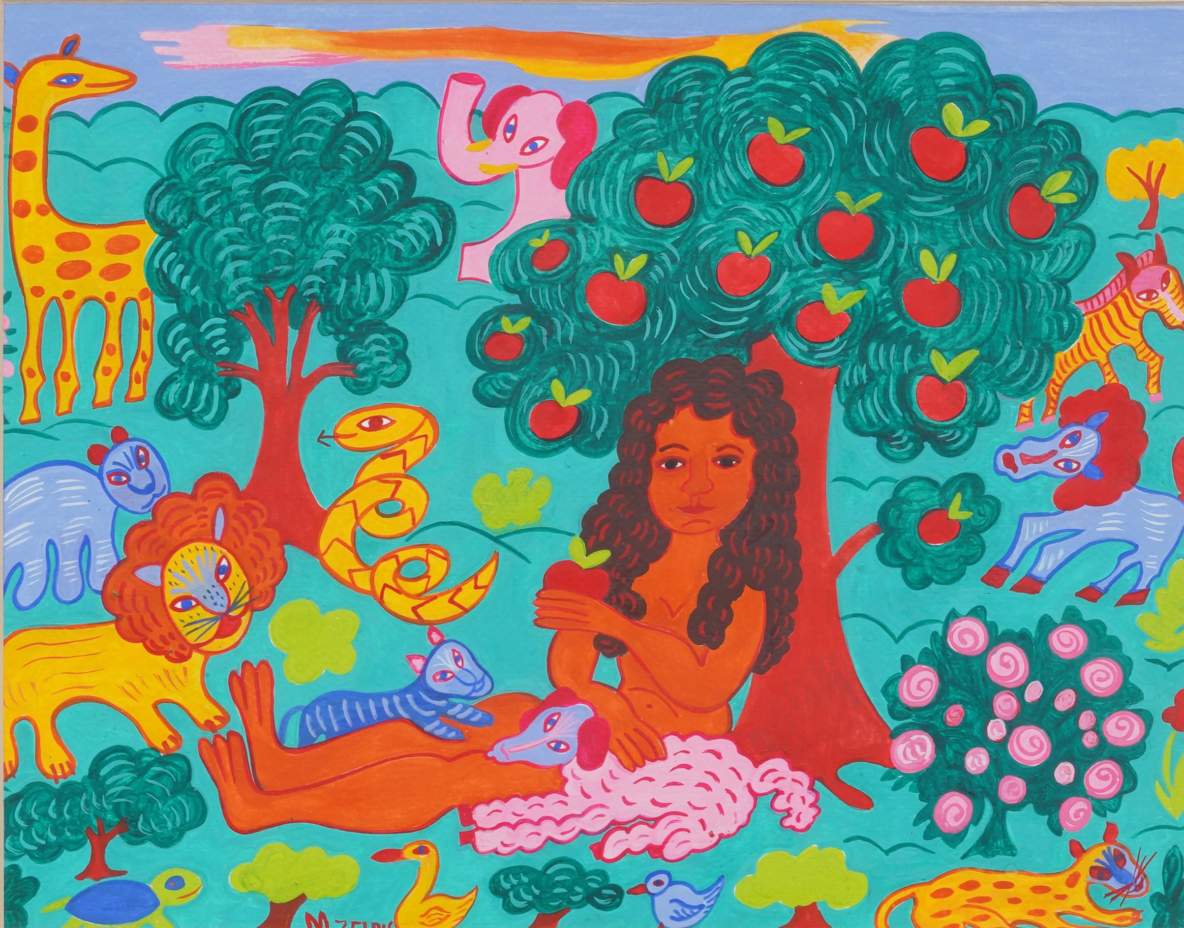 Antico dipinto israeliano di arte popolare americana, paesaggio figurativo modernista con cornice - Painting Moderno di Malcah Zeldis 
